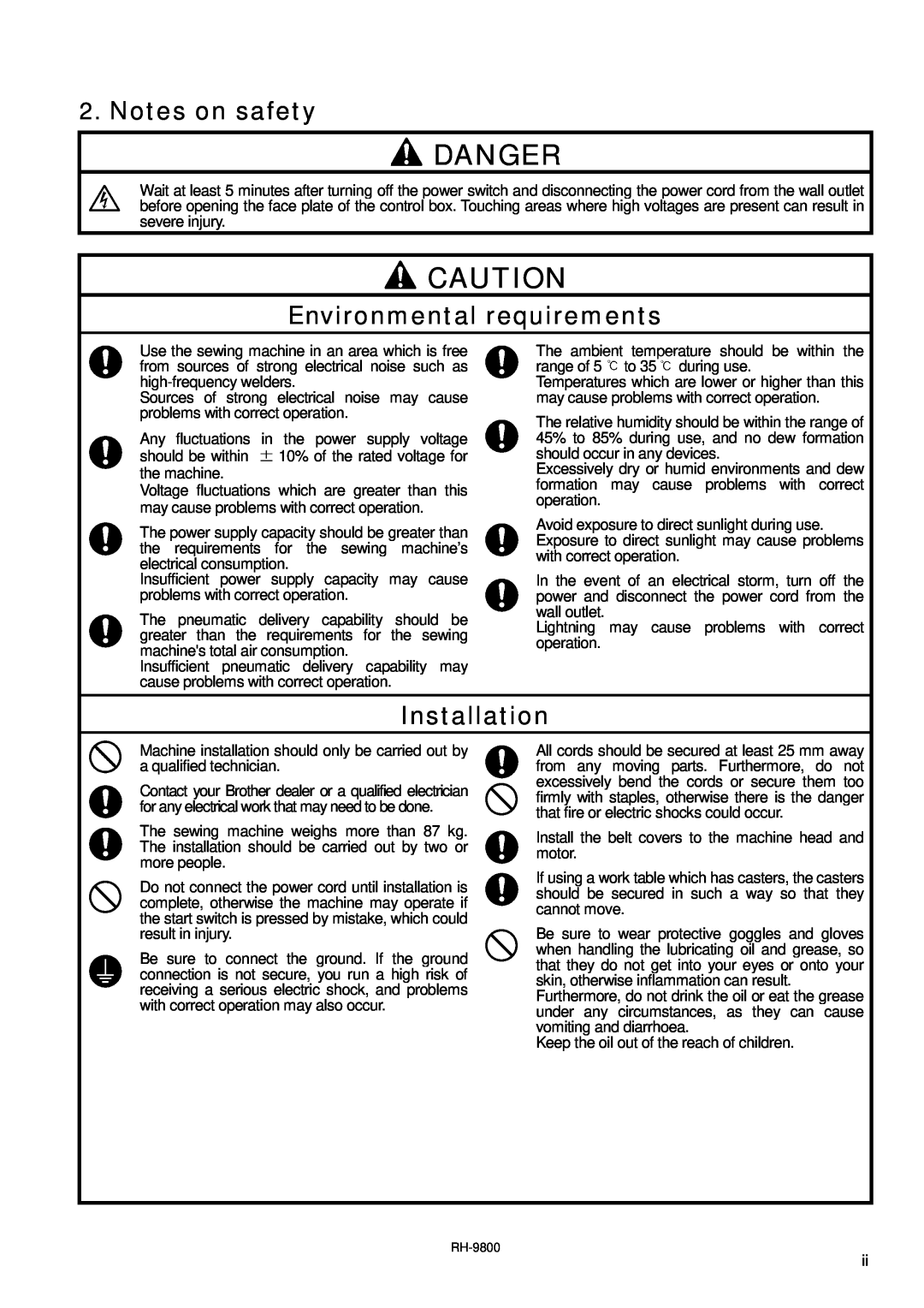 Brother DH4-B980 instruction manual Danger, Notes on safety, Environmental requirements, Installation 