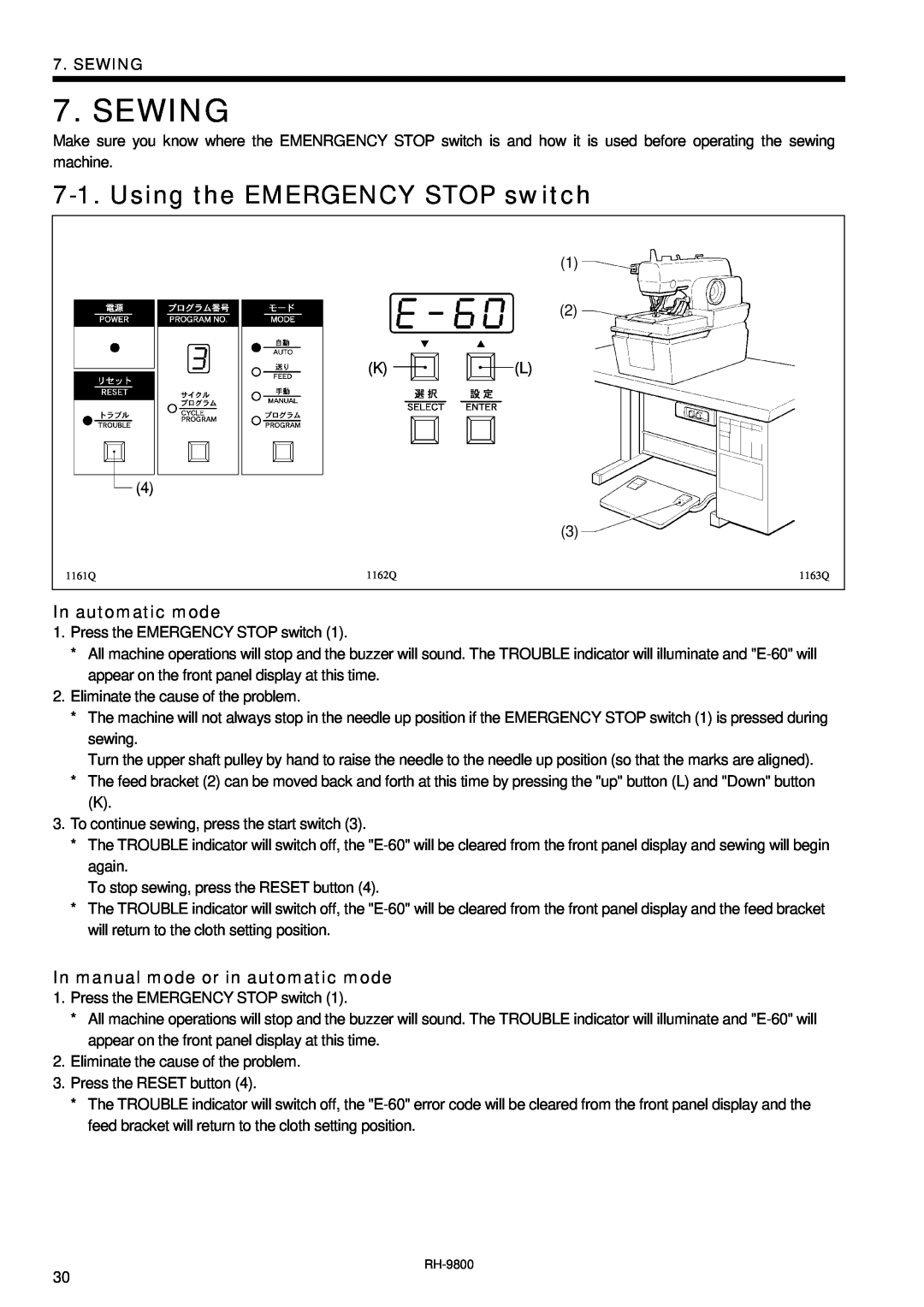Brother DH4-B980 Sewing, Using the EMERGENCY STOP switch, In automatic mode, In manual mode or in automatic mode 