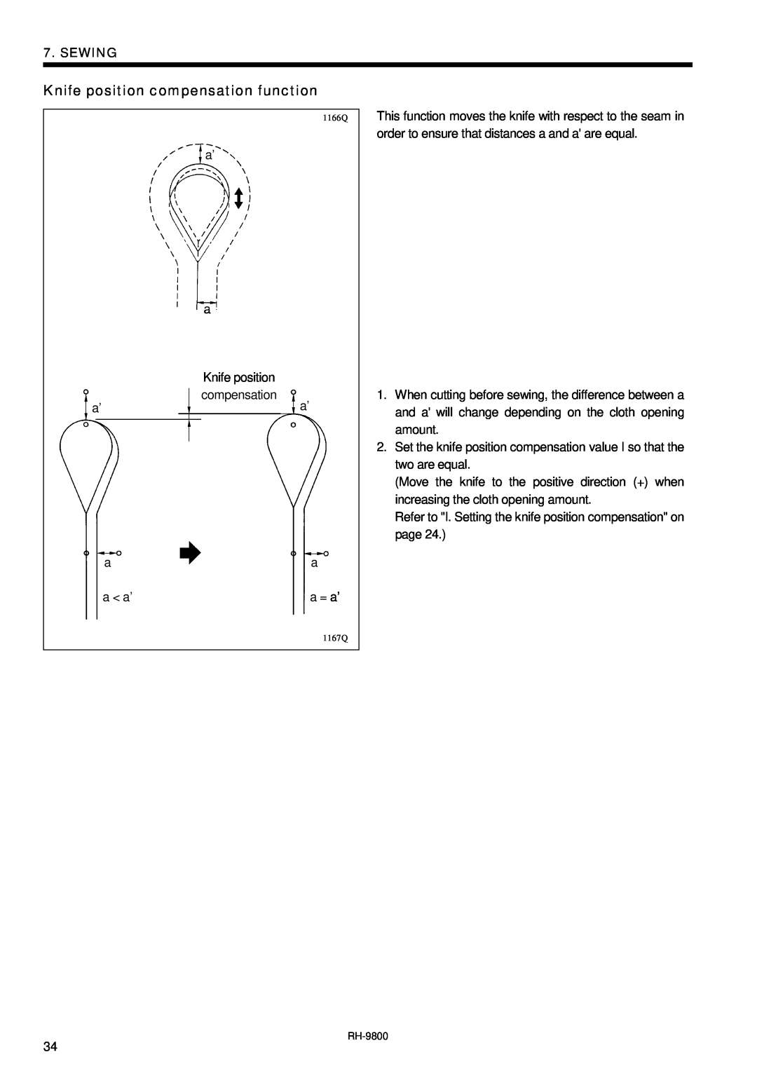 Brother DH4-B980 instruction manual Knife position compensation function, Sewing 