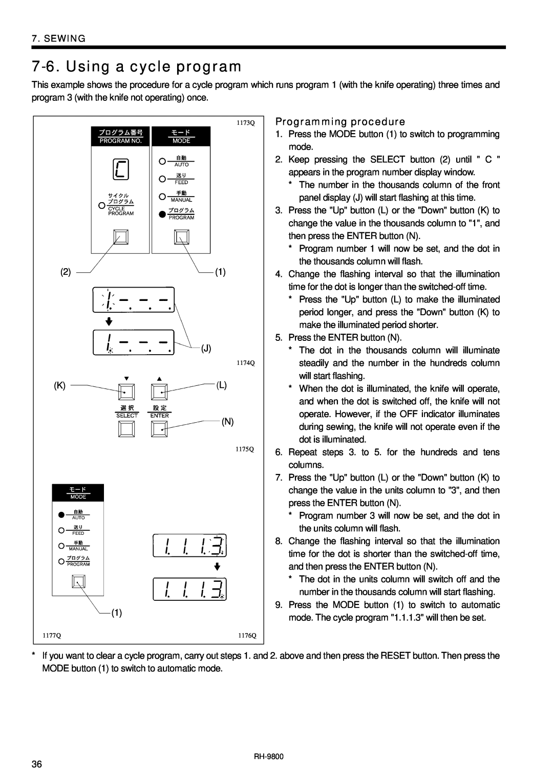 Brother DH4-B980 instruction manual Using a cycle program, Programming procedure, Sewing 