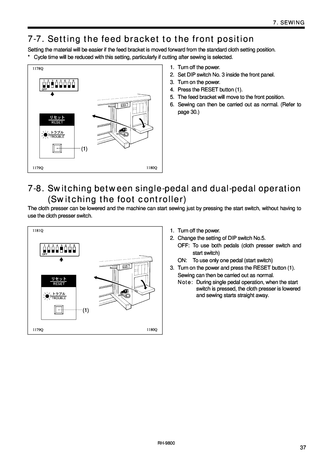 Brother DH4-B980 instruction manual Setting the feed bracket to the front position, Sewing 