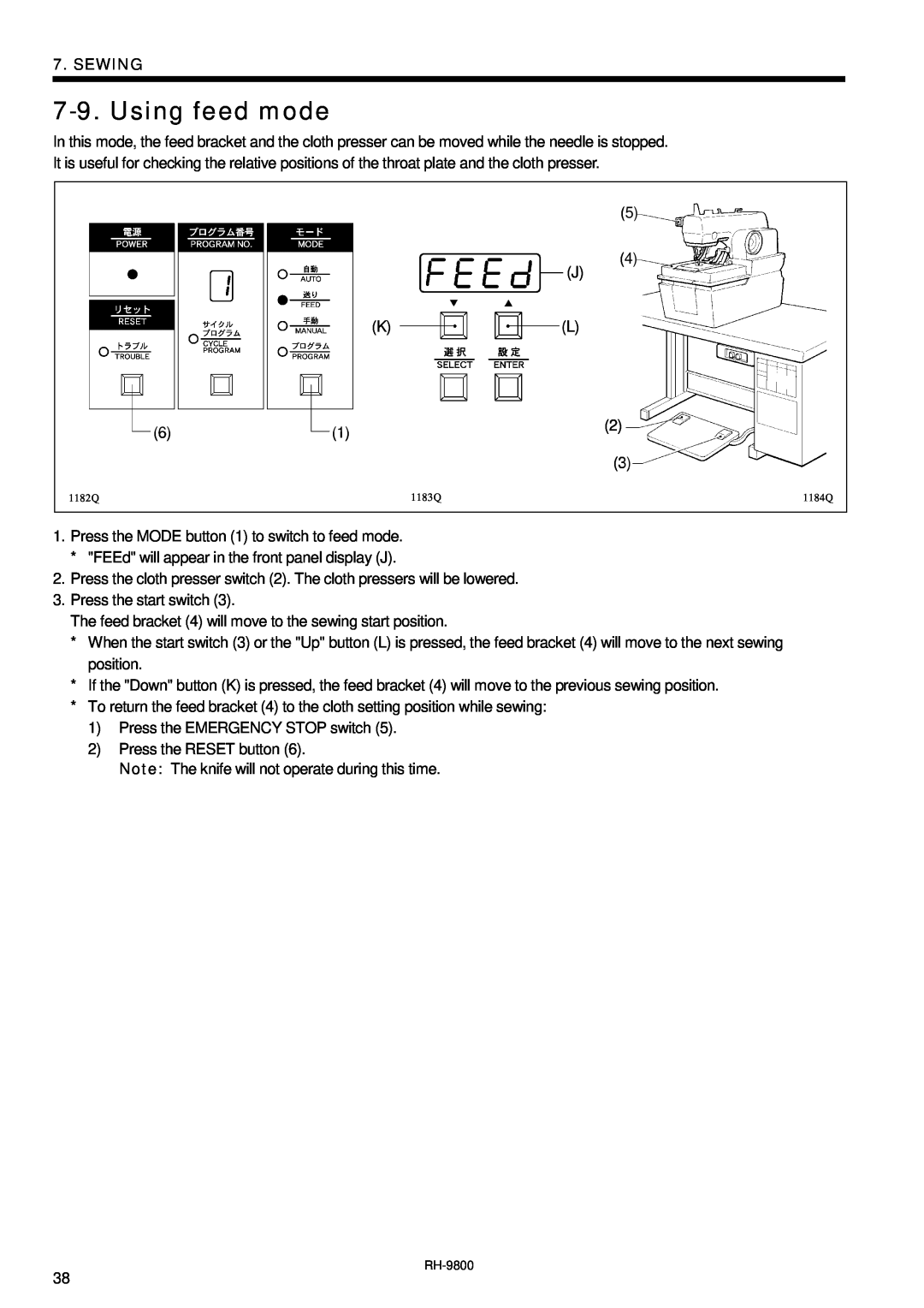 Brother DH4-B980 instruction manual Using feed mode, Sewing 