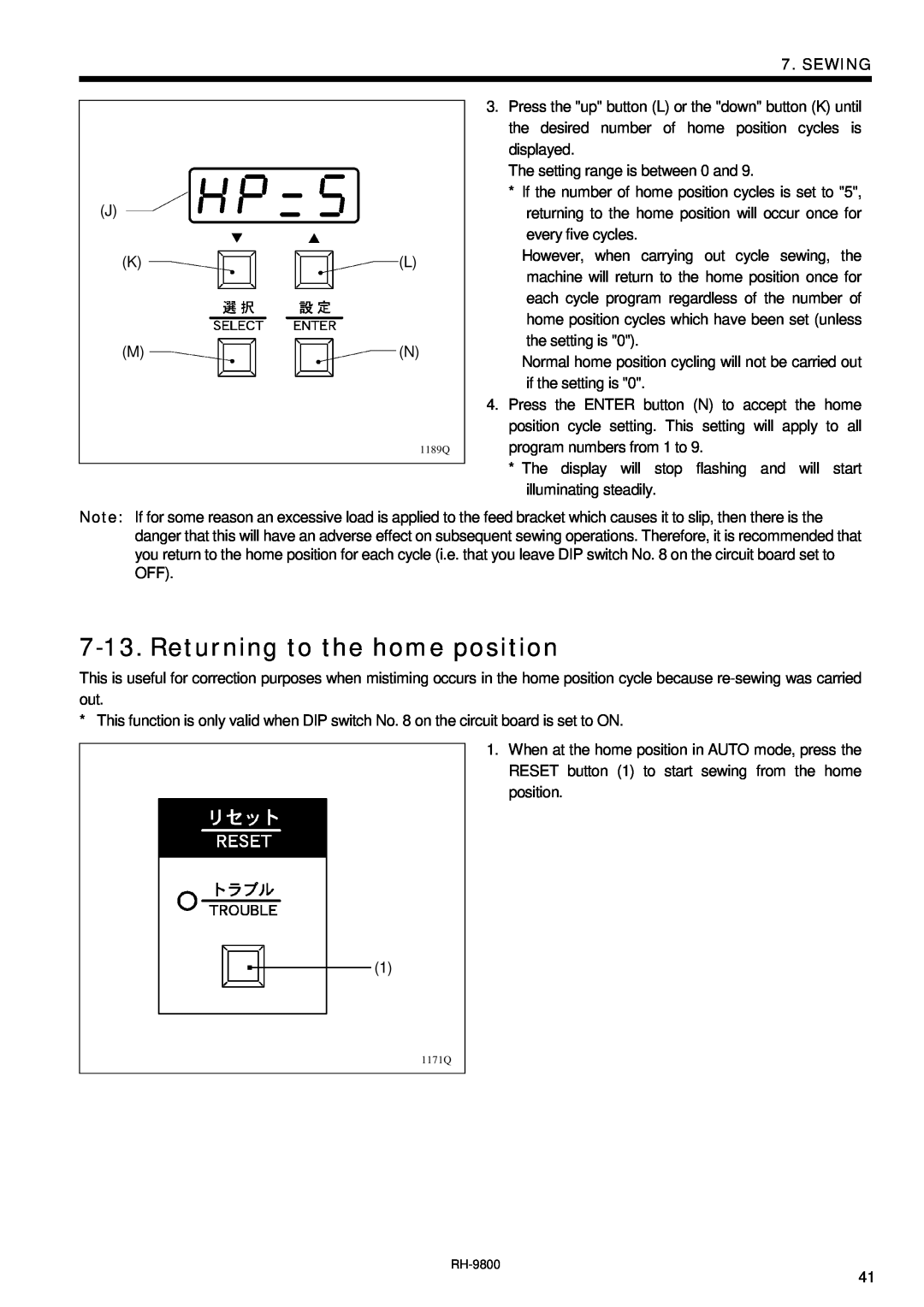 Brother DH4-B980 instruction manual Returning to the home position, Sewing, 1189Q, 1171Q 