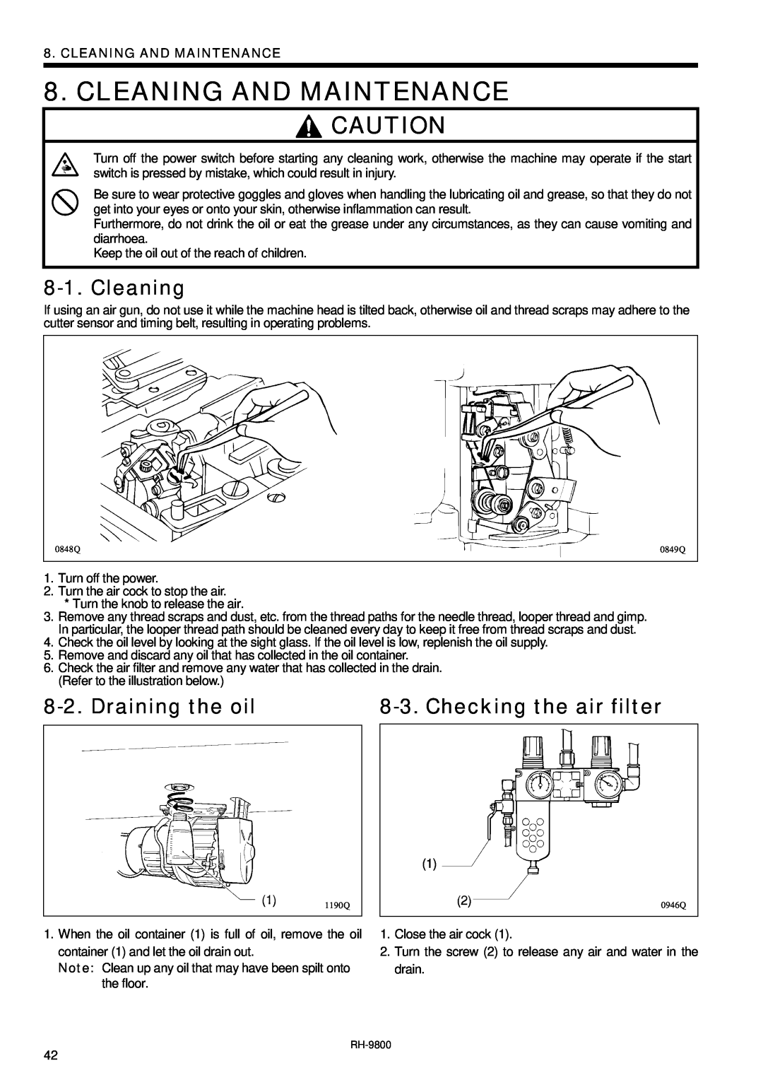 Brother DH4-B980 instruction manual Cleaning And Maintenance, Draining the oil, Checking the air filter 