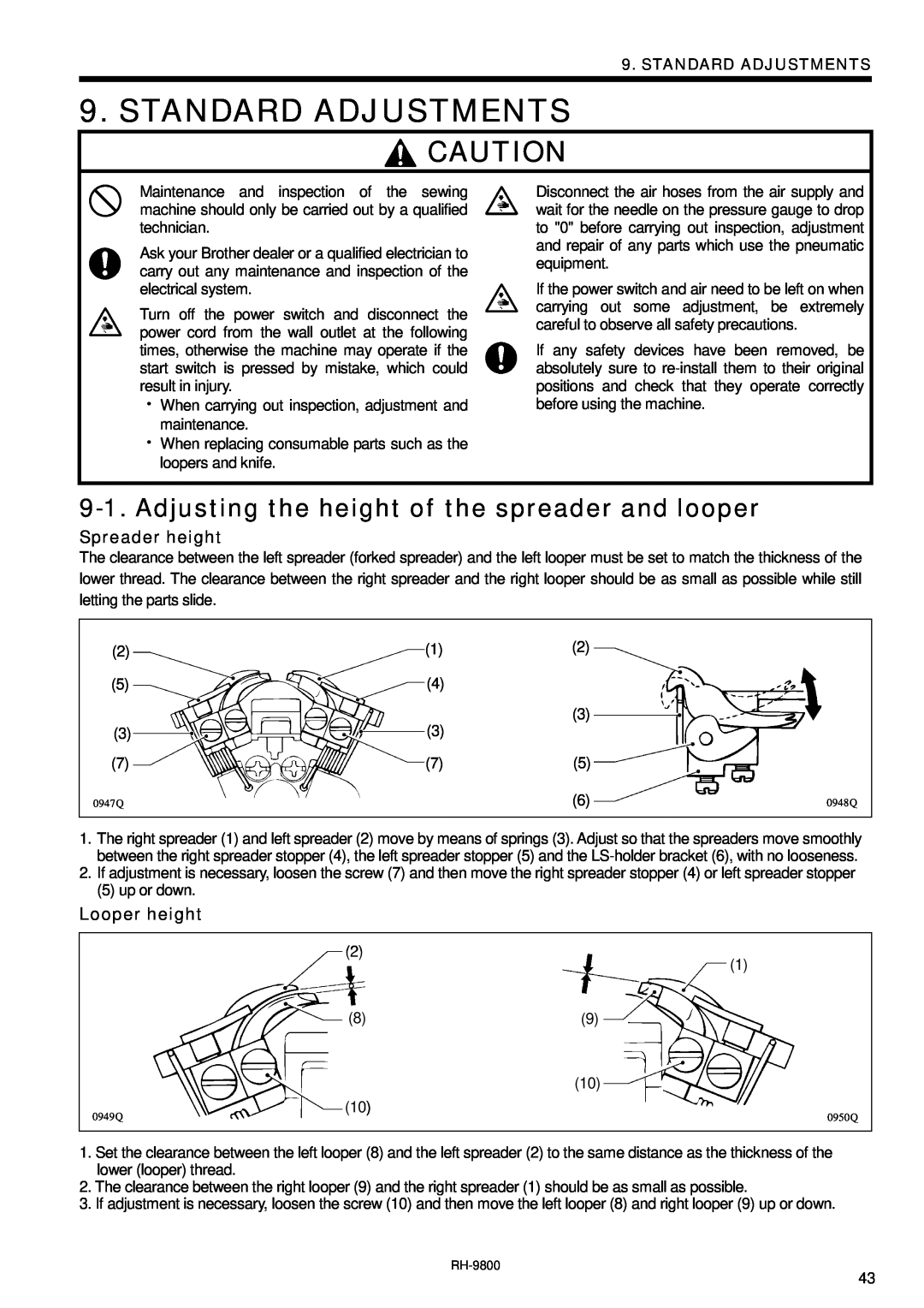 Brother DH4-B980 Standard Adjustments, Adjusting the height of the spreader and looper, Spreader height, Looper height 