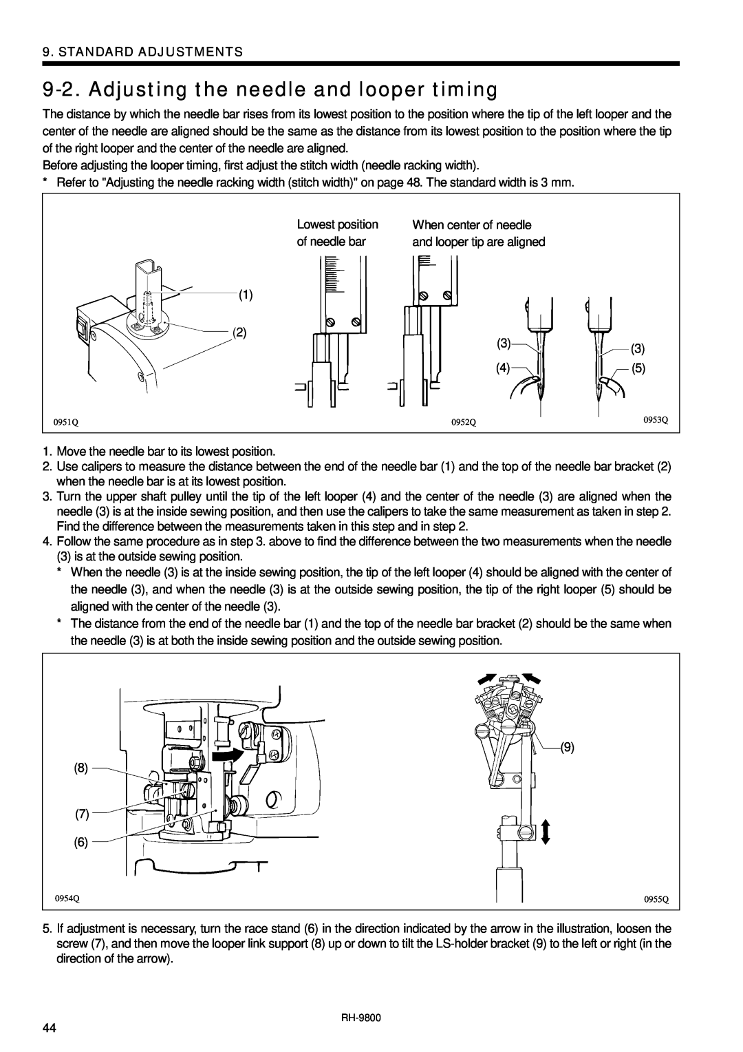 Brother DH4-B980 instruction manual Adjusting the needle and looper timing, Standard Adjustments 