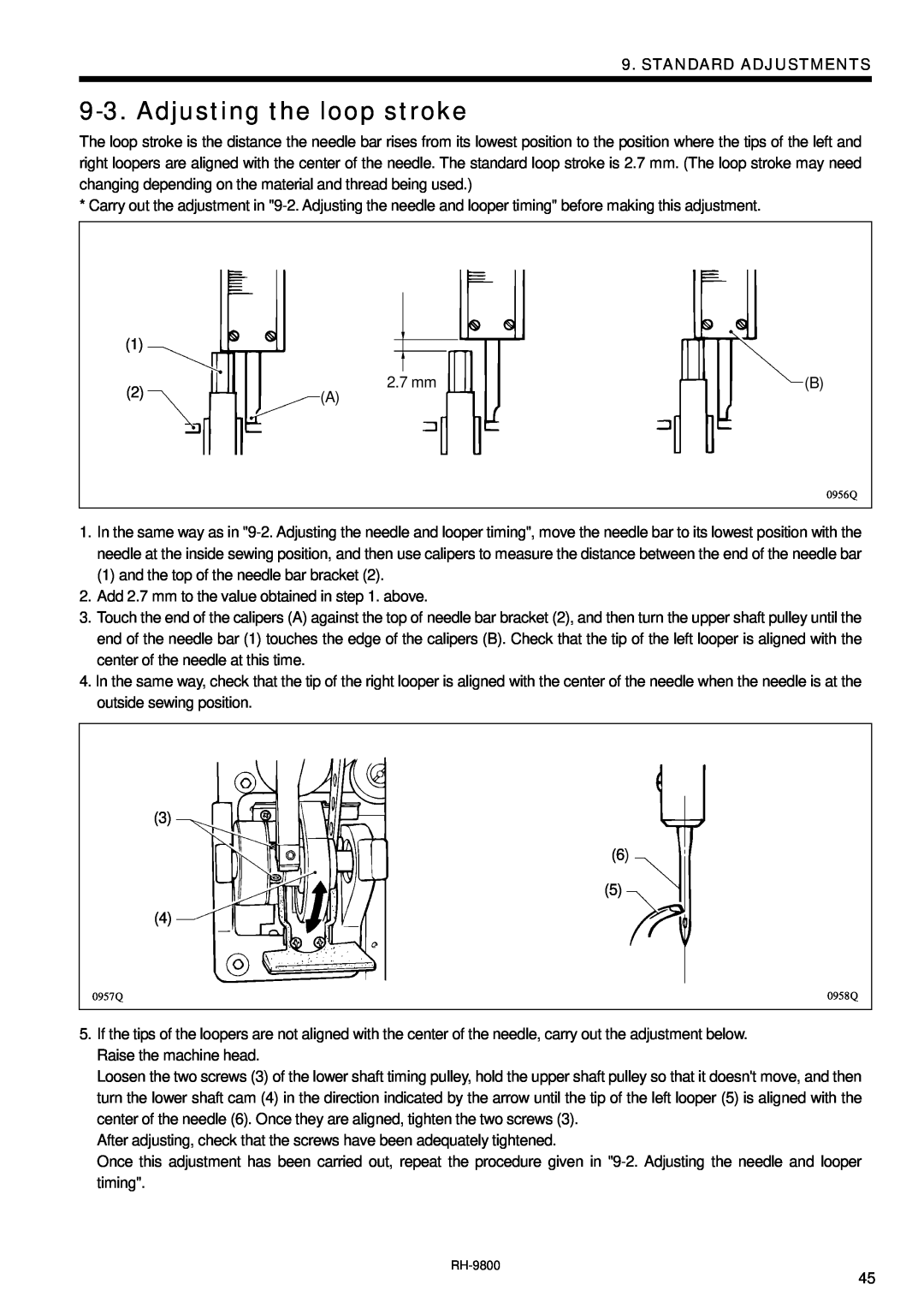Brother DH4-B980 instruction manual Adjusting the loop stroke, Standard Adjustments 