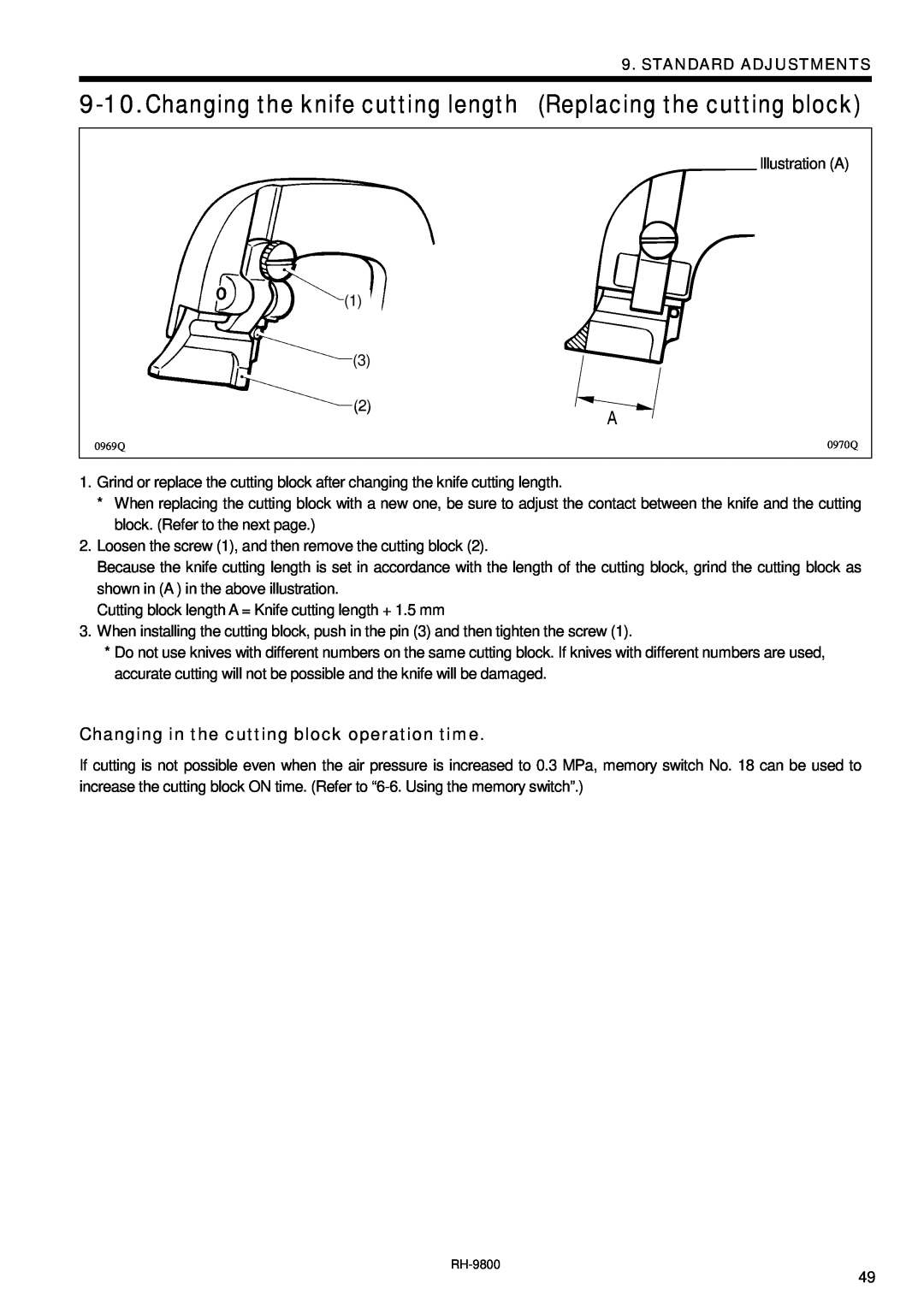 Brother DH4-B980 instruction manual Changing the knife cutting length Replacing the cutting block, Standard Adjustments 