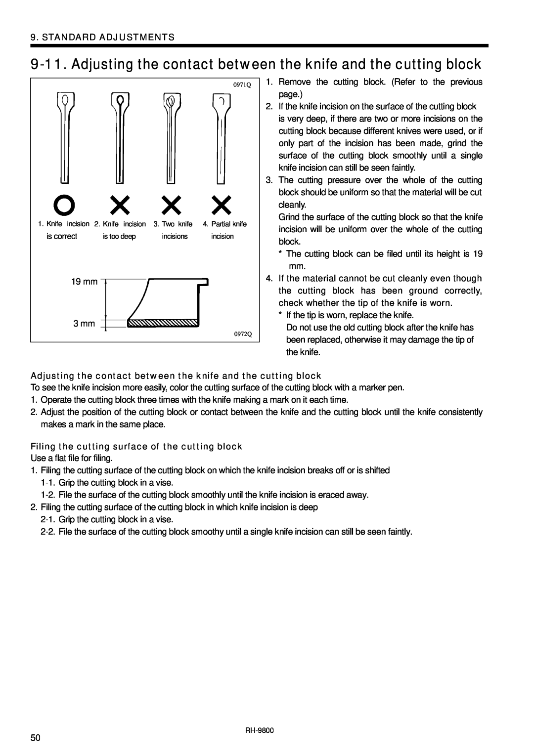 Brother DH4-B980 instruction manual Adjusting the contact between the knife and the cutting block, Standard Adjustments 