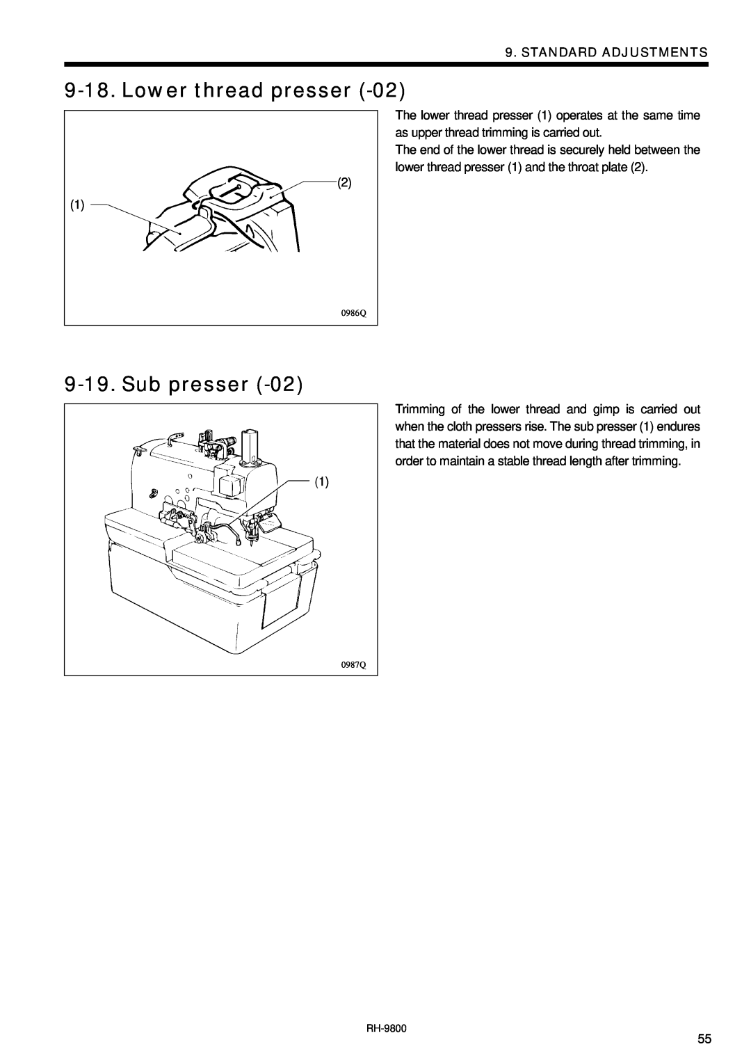 Brother DH4-B980 instruction manual Lower thread presser, Sub presser, Standard Adjustments, 0986Q, 0987Q 