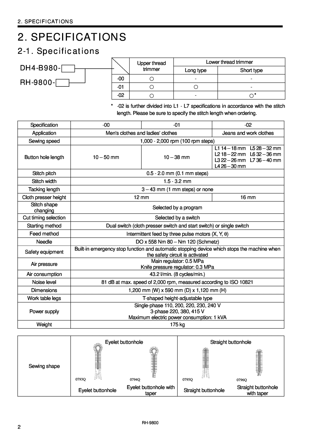 Brother instruction manual Specifications, DH4-B980- RH-9800 