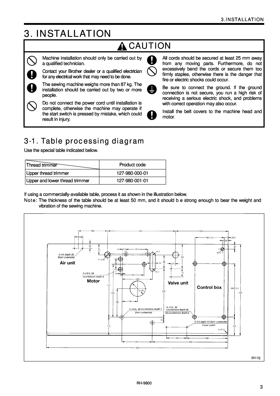 Brother DH4-B980 instruction manual Installation, Table processing diagram 