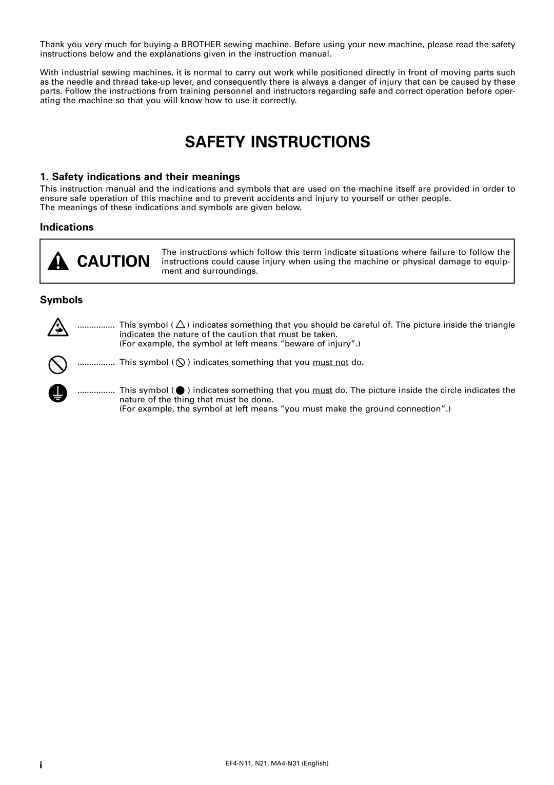 Brother MA4-N31, EF4-N21, EF4-N11 Safety Instructions, Safety indications and their meanings, Indications, Symbols 