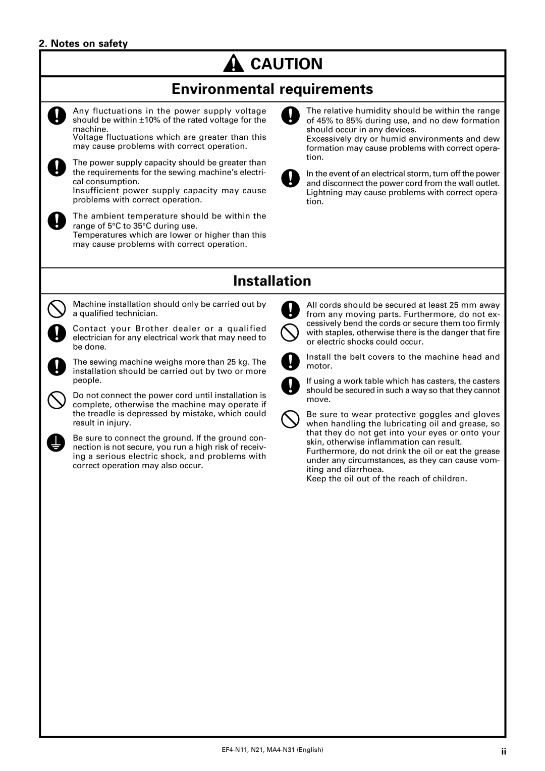 Brother EF4-N21, EF4-N11, MA4-N31 instruction manual Environmental requirements, Installation 