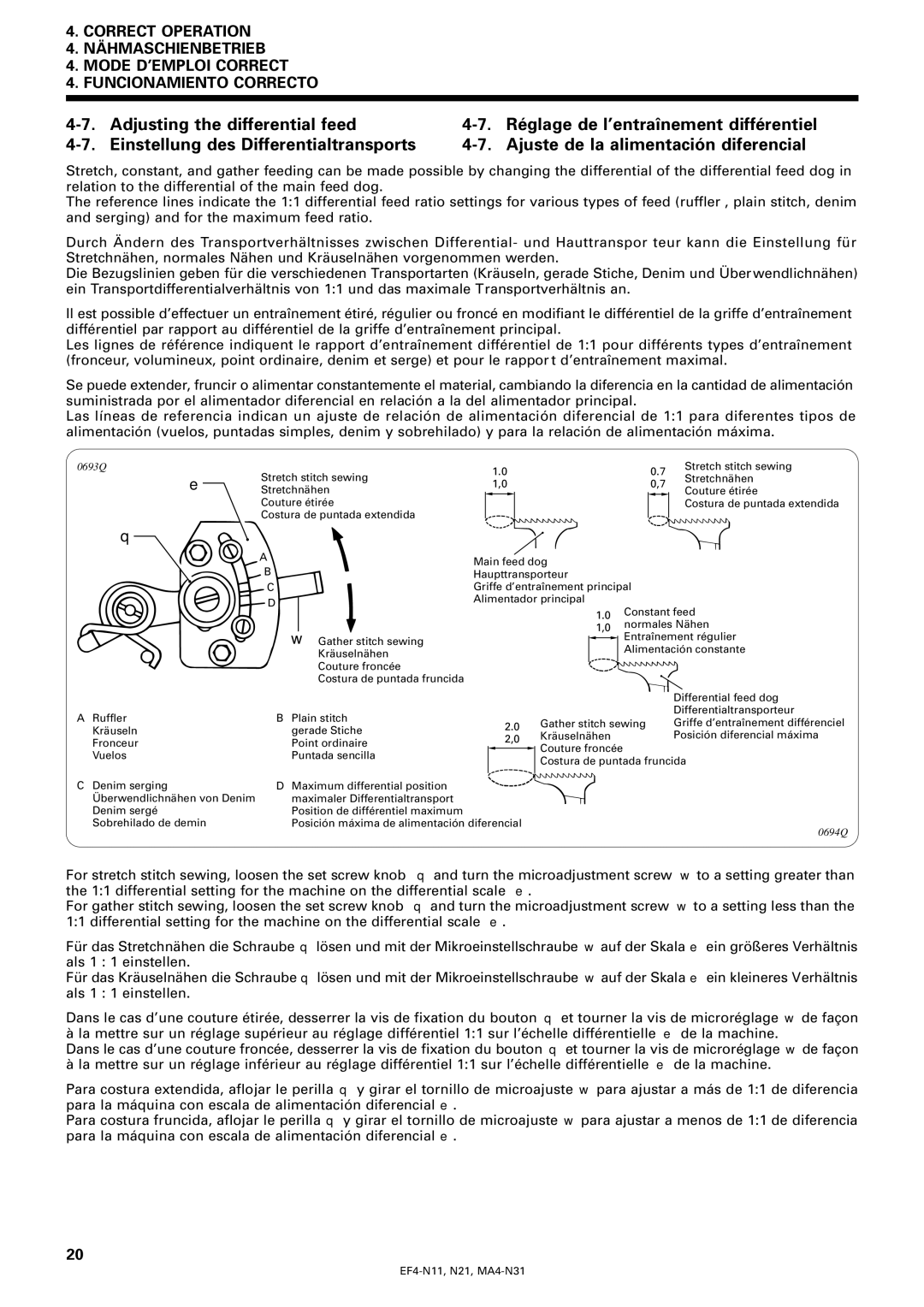 Brother EF4-N11, EF4-N21, MA4-N31 instruction manual Adjusting the differential feed 