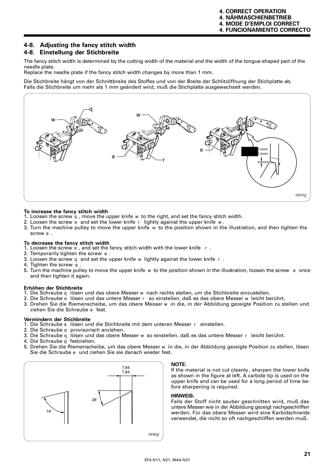 Brother MA4-N31, EF4-N21 To increase the fancy stitch width, To decrease the fancy stitch width, Erhöhen der Stichbreite 