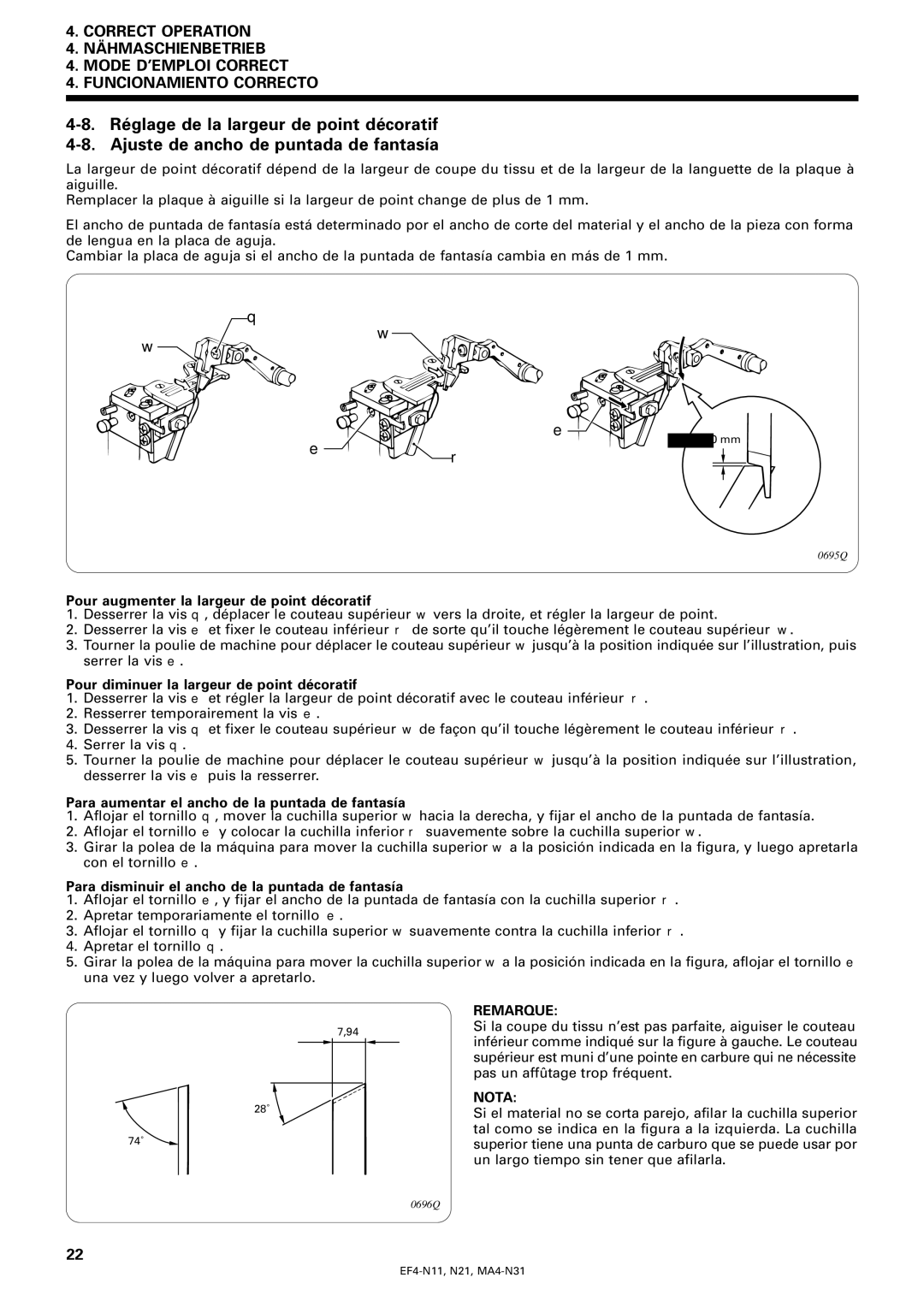 Brother EF4-N21, EF4-N11, MA4-N31 Pour augmenter la largeur de point décoratif, Pour diminuer la largeur de point décoratif 