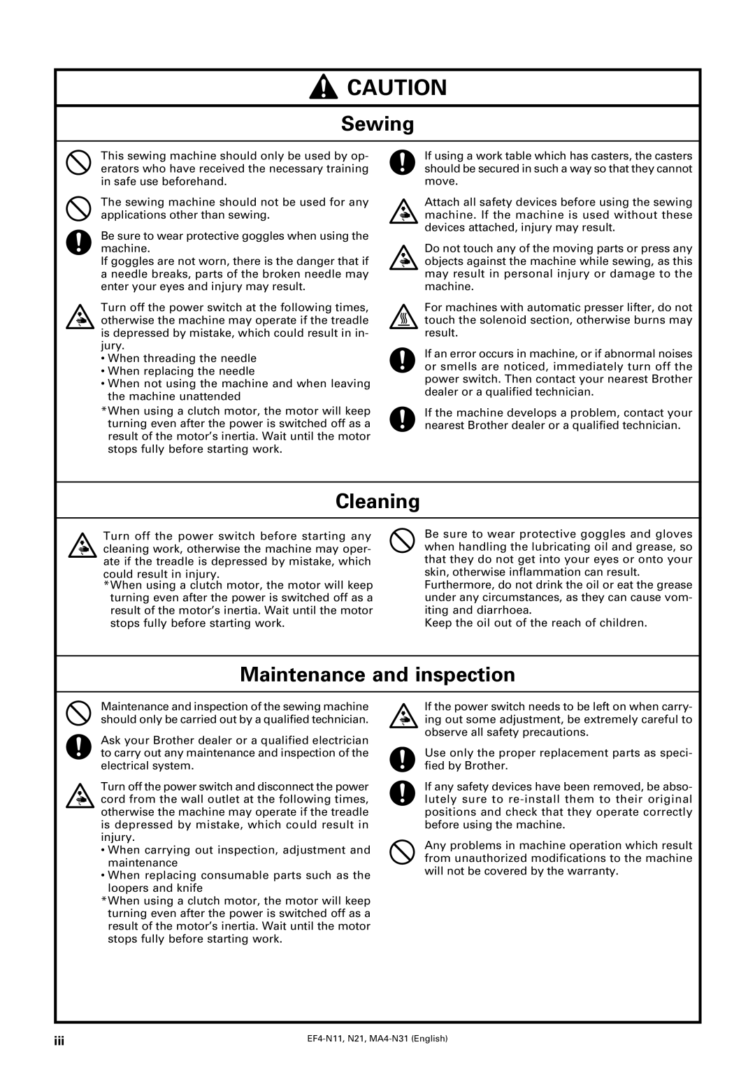 Brother EF4-N11, EF4-N21, MA4-N31 instruction manual Sewing, Cleaning, Maintenance and inspection 