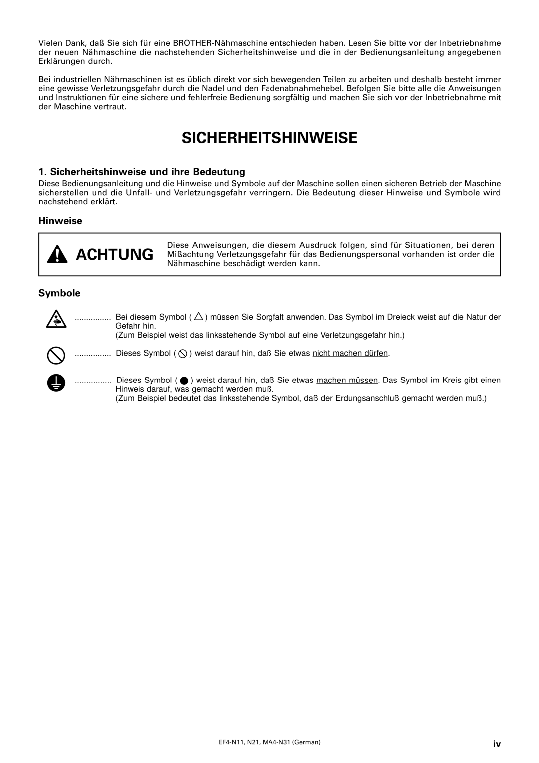 Brother MA4-N31, EF4-N21, EF4-N11 instruction manual Sicherheitshinweise und ihre Bedeutung, Hinweise, Symbole 