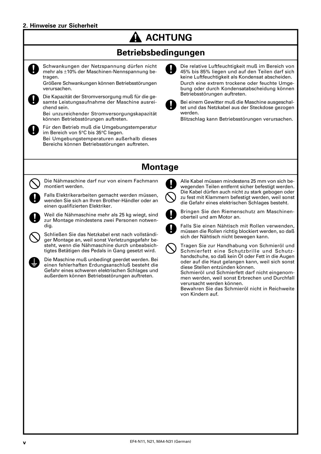 Brother EF4-N21, EF4-N11, MA4-N31 instruction manual Achtung, Betriebsbedingungen, Montage, Hinweise zur Sicherheit 