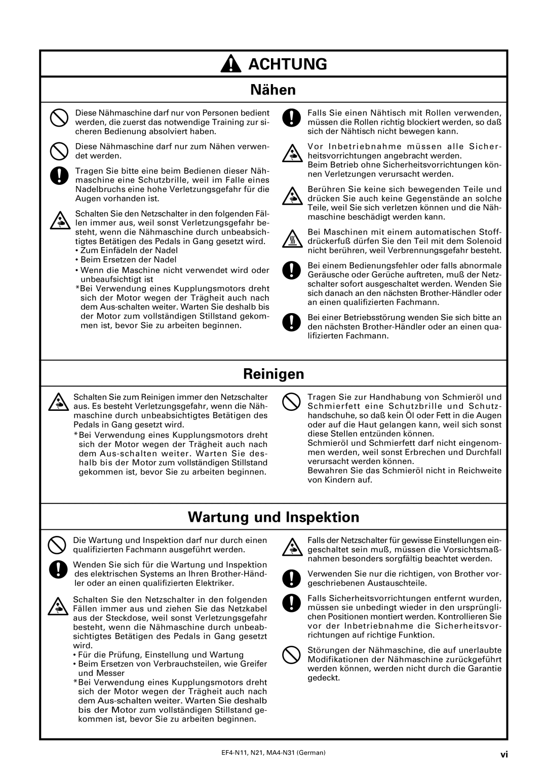 Brother EF4-N11, EF4-N21, MA4-N31 instruction manual Nähen, Reinigen, Wartung und Inspektion 