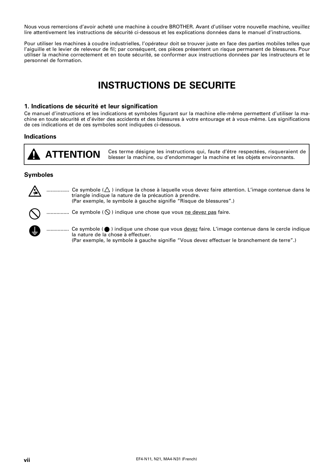 Brother MA4-N31, EF4-N21, EF4-N11 Instructions DE Securite, Indications de sécurité et leur signification, Symboles 