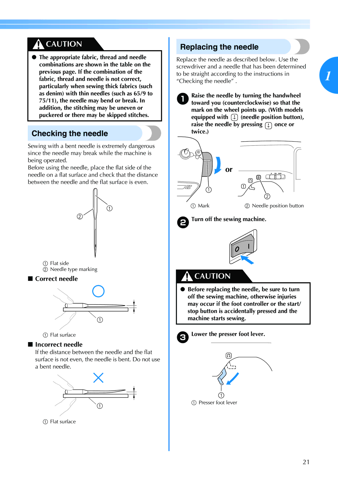 Brother HS 2000, EN 1470 operation manual Checking the needle, Replacing the needle, Correct needle, Incorrect needle 