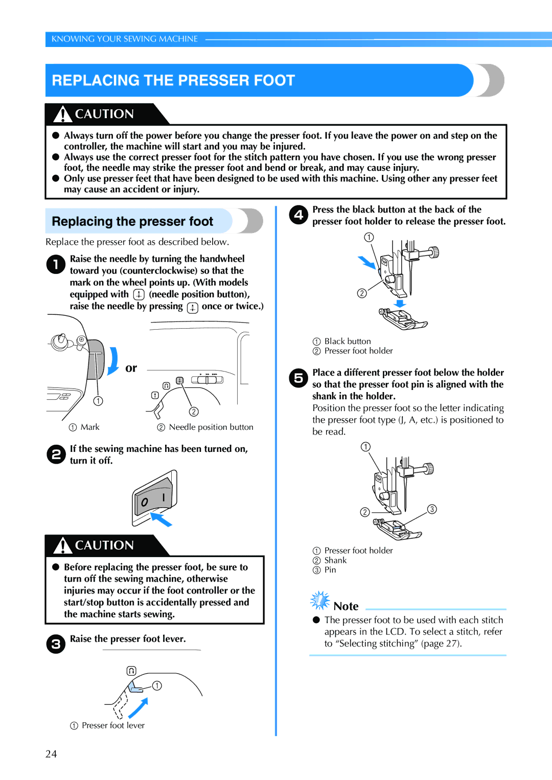 Brother EN 1470 Replacing the Presser Foot, Replacing the presser foot, Replace the presser foot as described below 