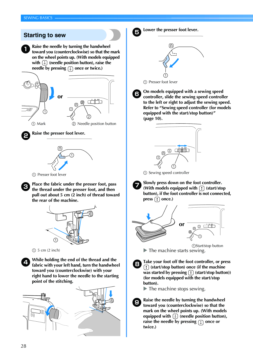 Brother EN 1470, HS 2000 Starting to sew, On the wheel points up. With models equipped, BRaise the presser foot lever 