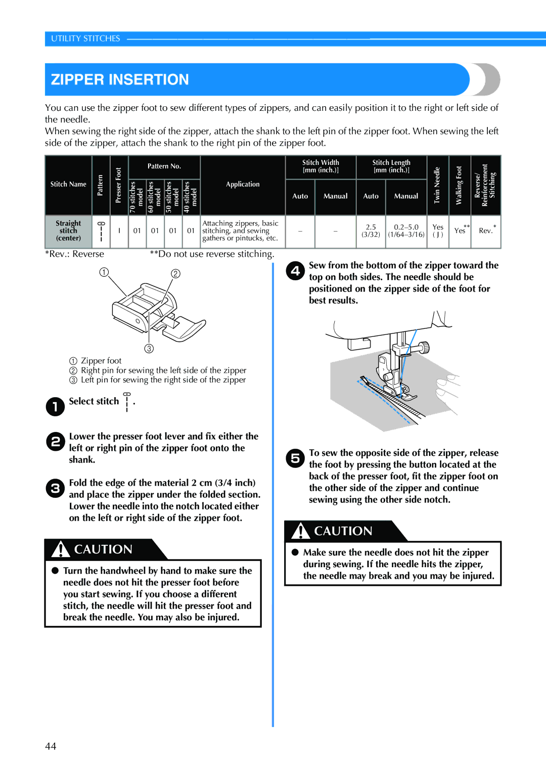 Brother EN 1470, HS 2000 operation manual Zipper Insertion, Rev. Reverse 