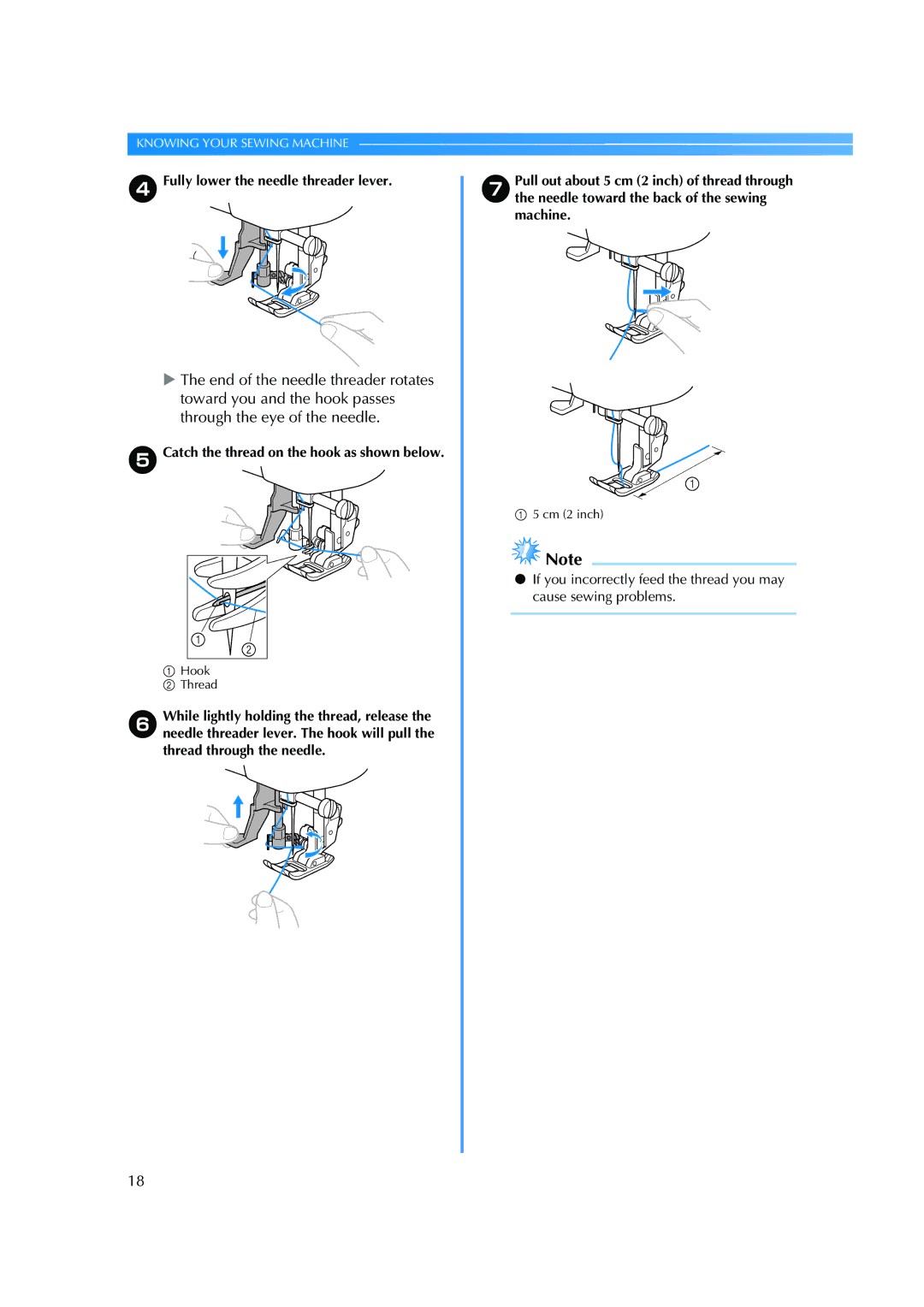 Brother ES 2000 operation manual Fully lower the needle threader lever, Gthe needle toward the back of the sewing, Machine 