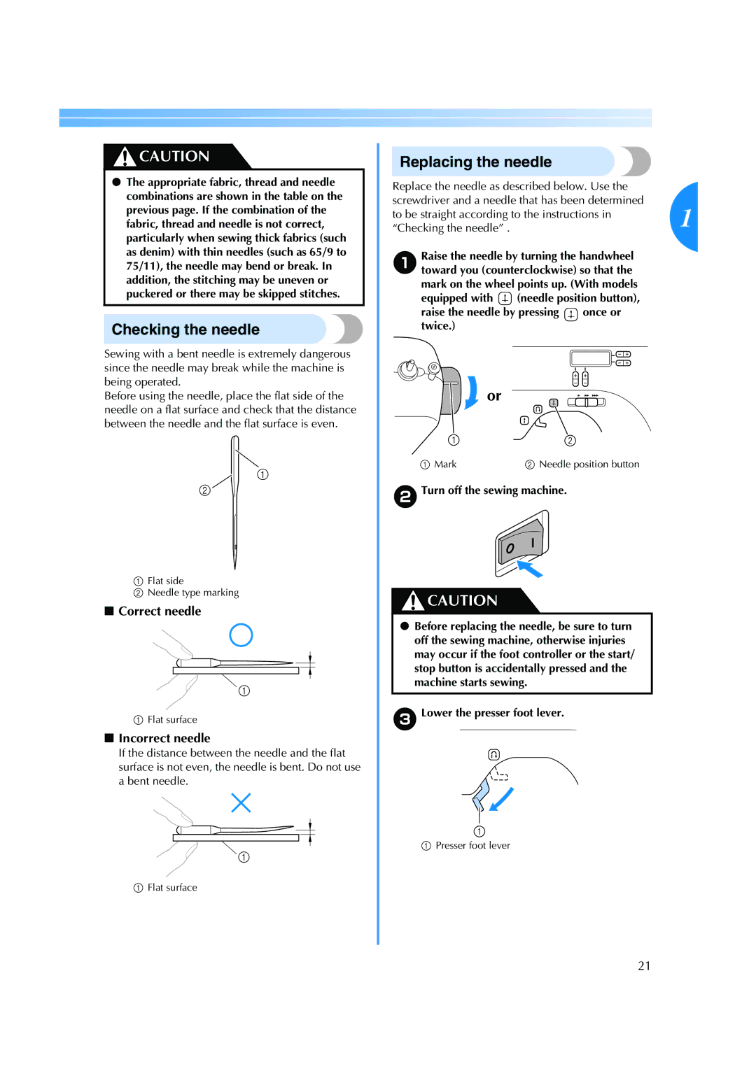 Brother ES 2000 operation manual Checking the needle, Replacing the needle, Correct needle, Incorrect needle 