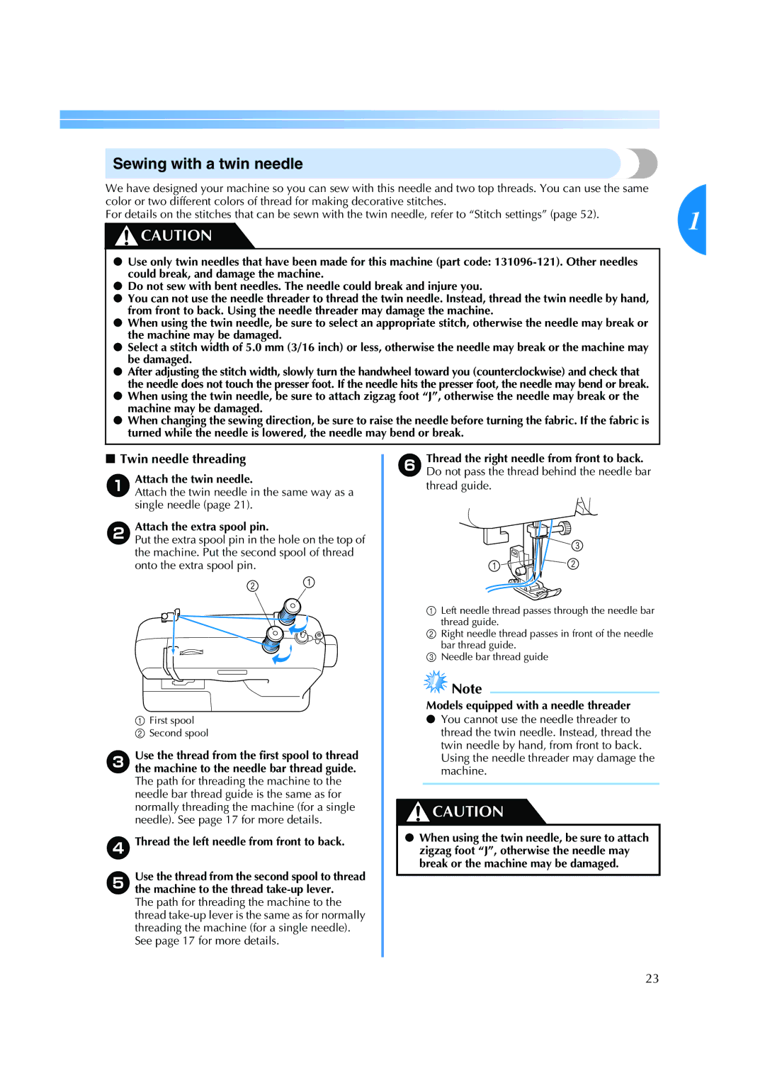 Brother ES 2000 operation manual Sewing with a twin needle, Twin needle threading 