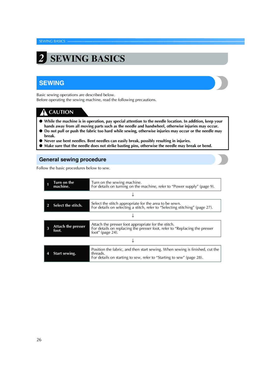 Brother ES 2000 operation manual Sewing, General sewing procedure 