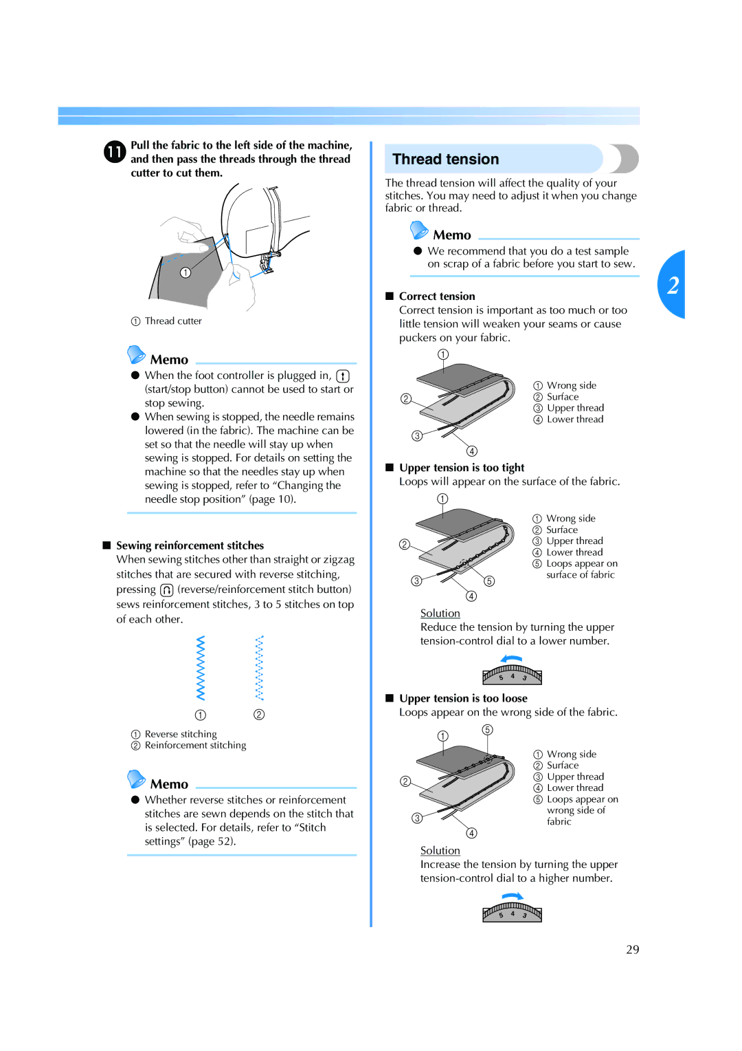 Brother ES 2000 operation manual Thread tension, Sewing reinforcement stitches, Correct tension, Upper tension is too tight 