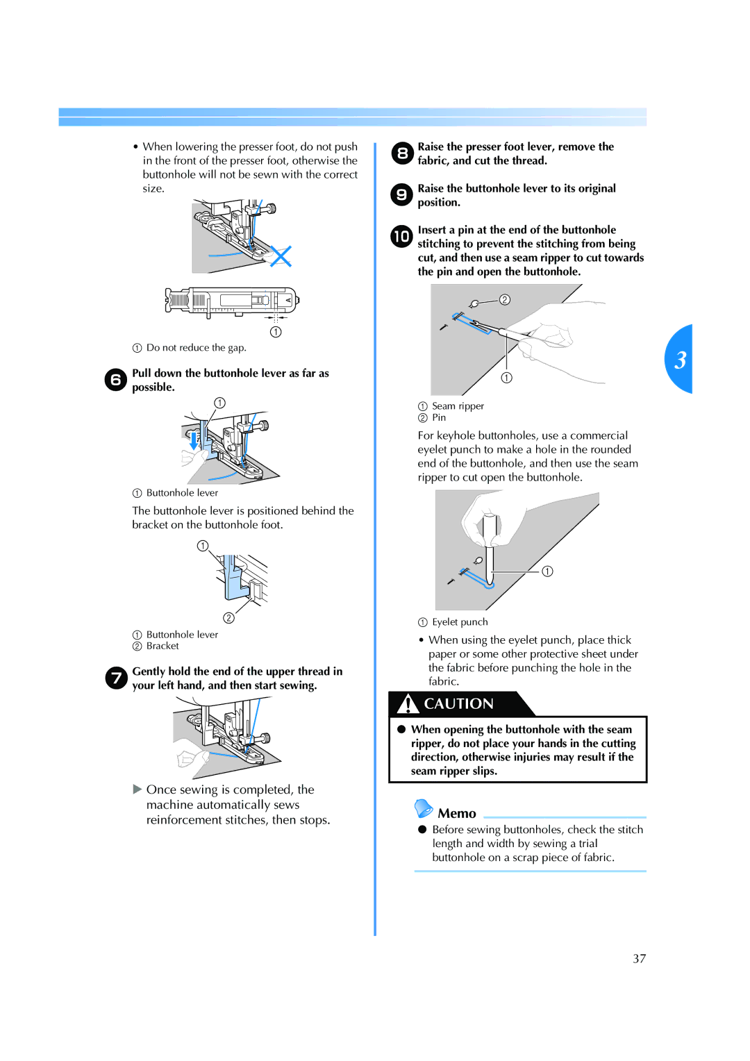 Brother ES 2000 operation manual FPullpossible.down the buttonhole lever as far as 