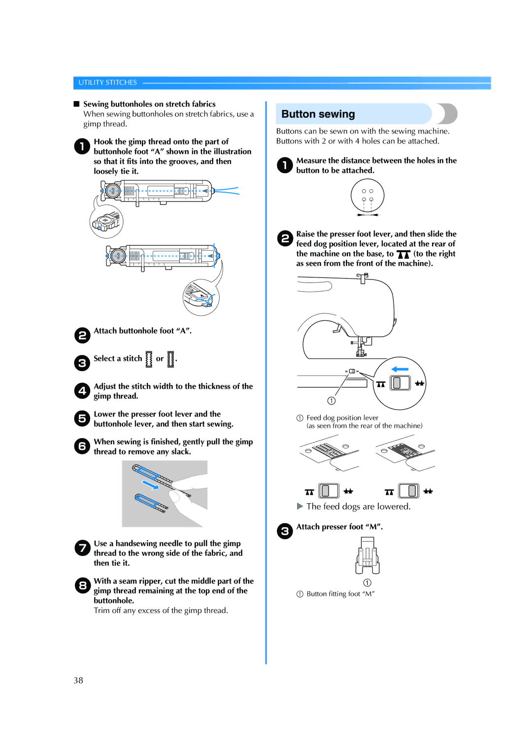 Brother ES 2000 operation manual Button sewing, Sewing buttonholes on stretch fabrics, CAttach presser foot M 