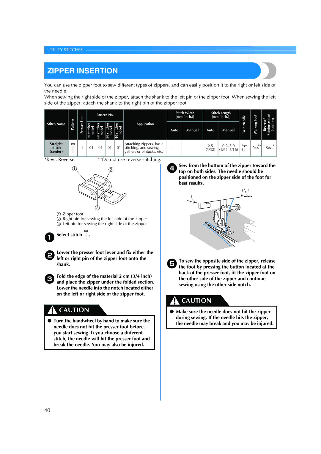 Brother ES 2000 operation manual Zipper Insertion, Rev. Reverse 