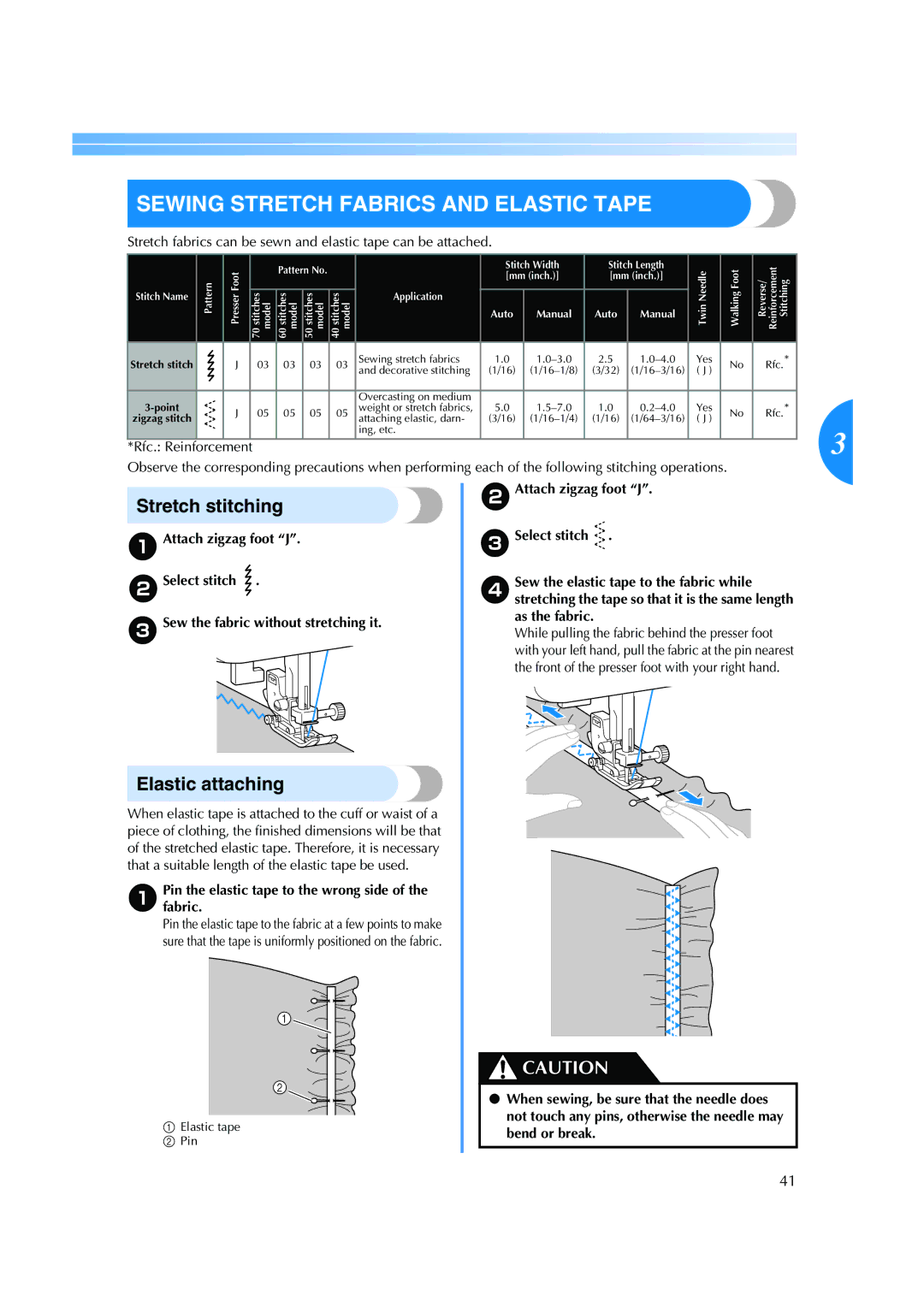 Brother ES 2000 operation manual Sewing Stretch Fabrics and Elastic Tape, Stretch stitching, Elastic attaching 