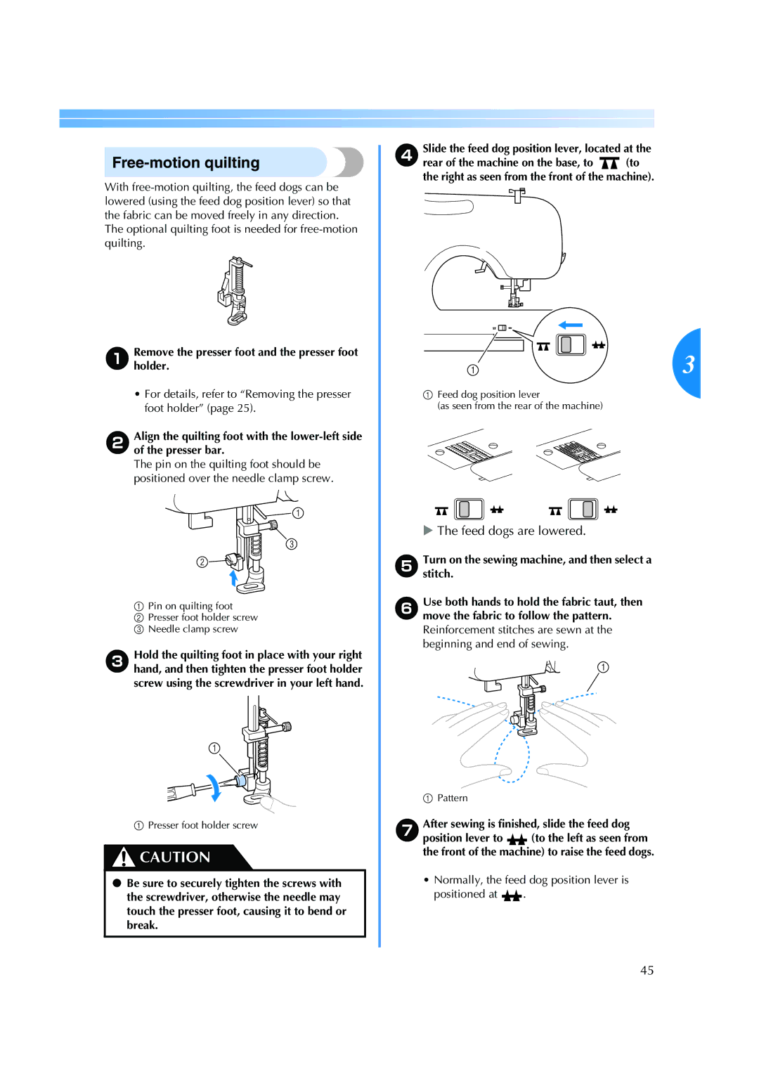 Brother ES 2000 operation manual Free-motion quilting, GAfter sewing is finished, slide the feed dog 