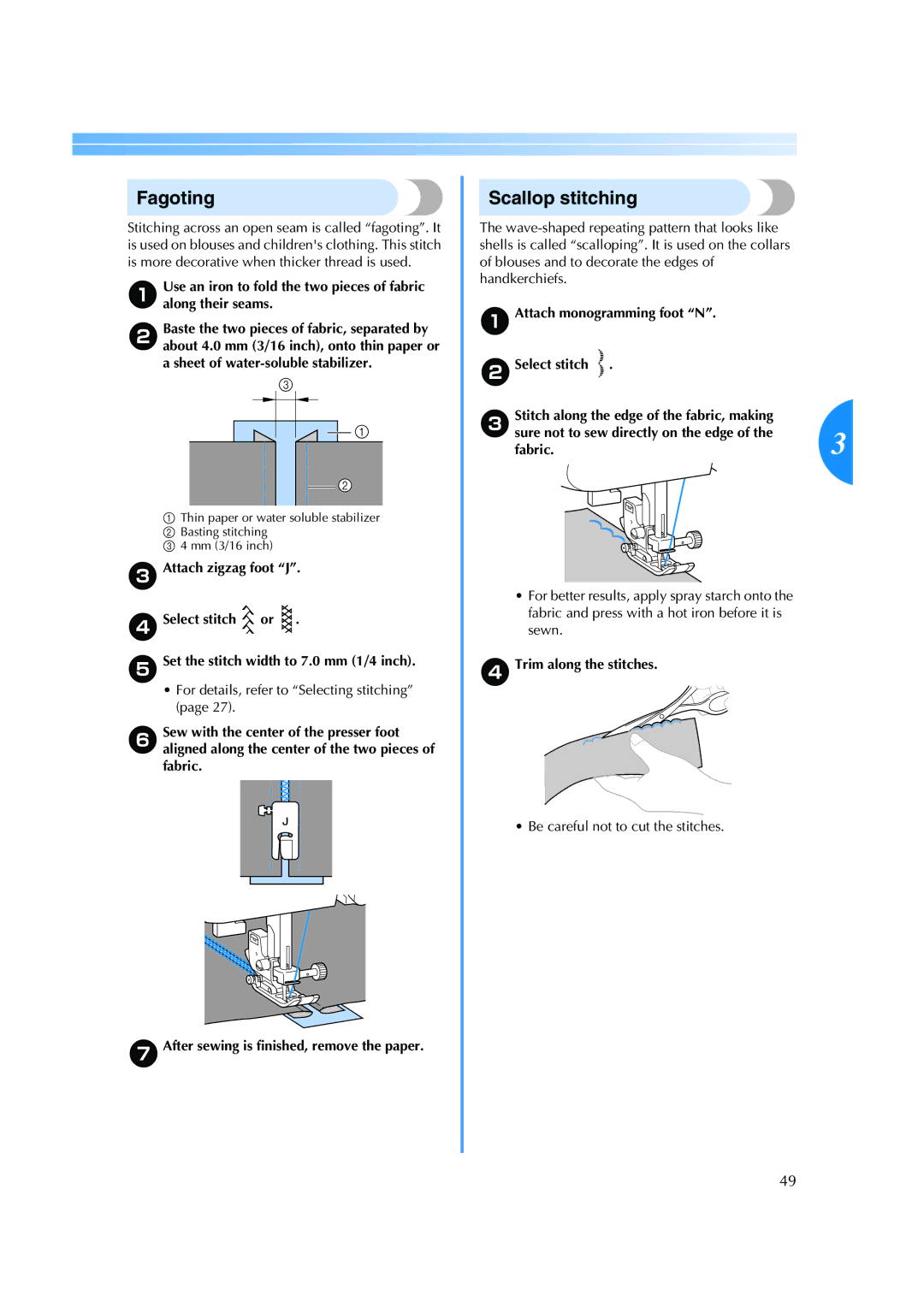 Brother ES 2000 operation manual Fagoting, Scallop stitching, AAttach monogramming foot N BSelect stitch, Fabric.3 