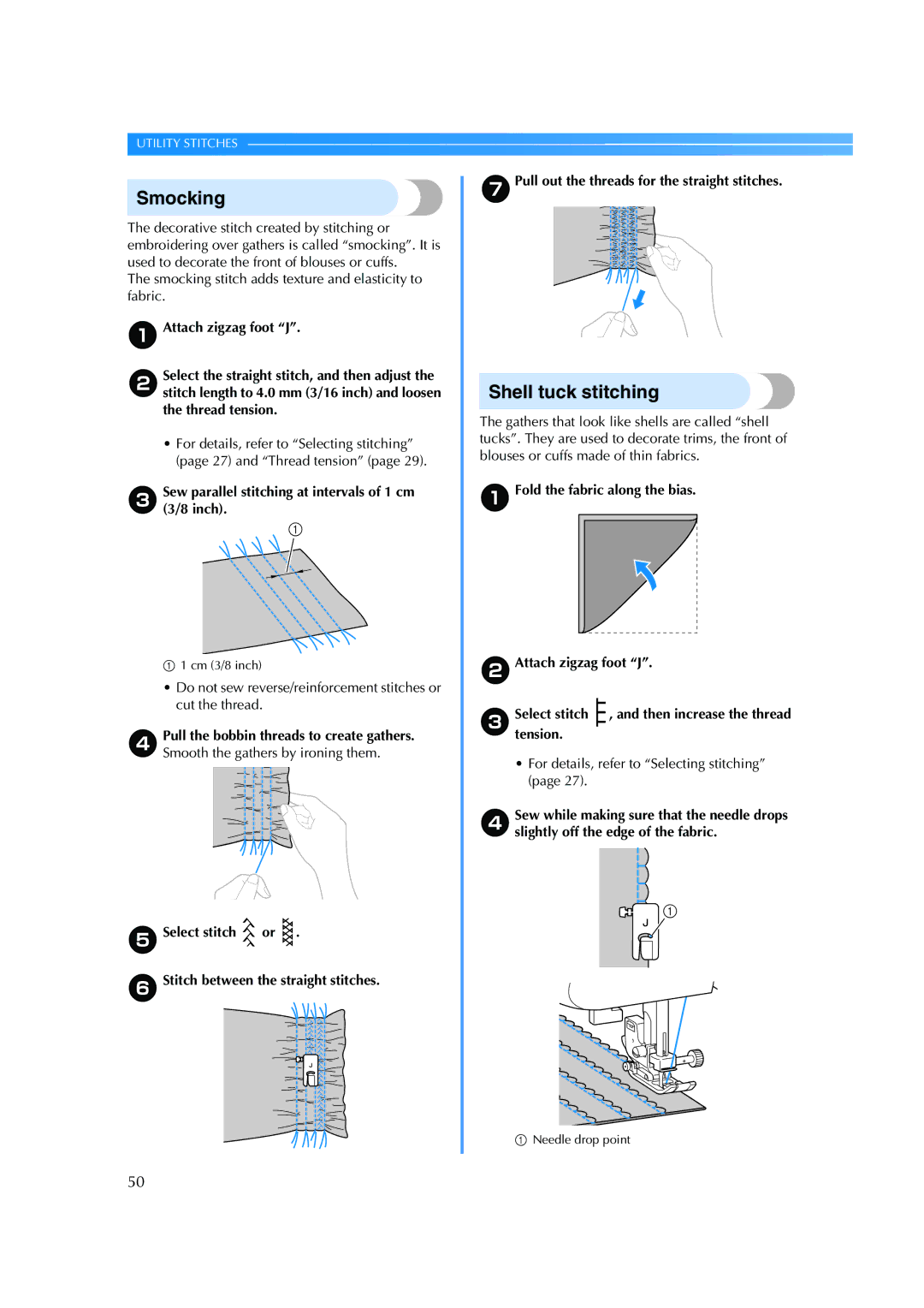 Brother ES 2000 operation manual Smocking, Shell tuck stitching, CSew parallel stitching at intervals of 1 cm 3/8 inch 