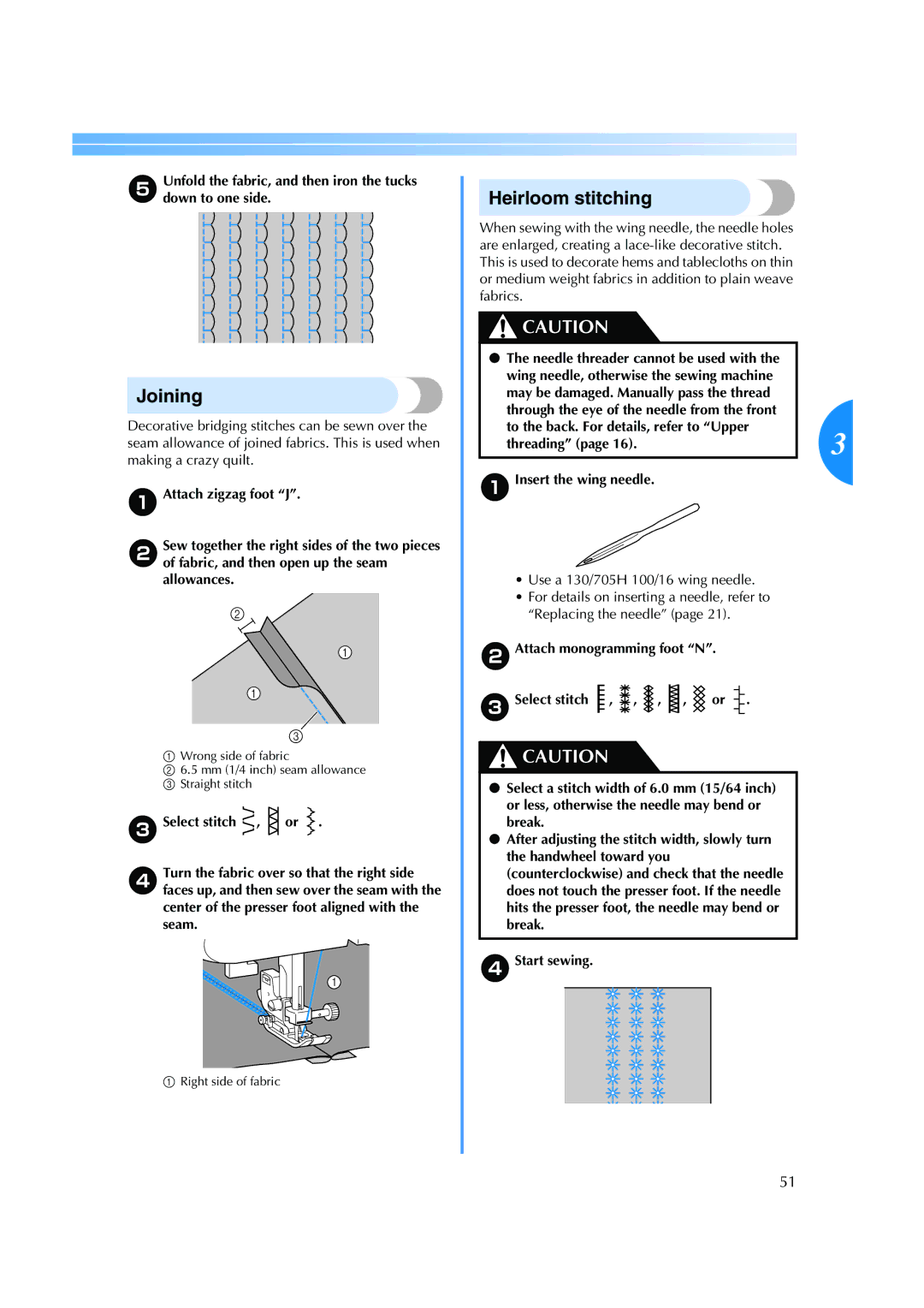 Brother ES 2000 operation manual Joining, Heirloom stitching 
