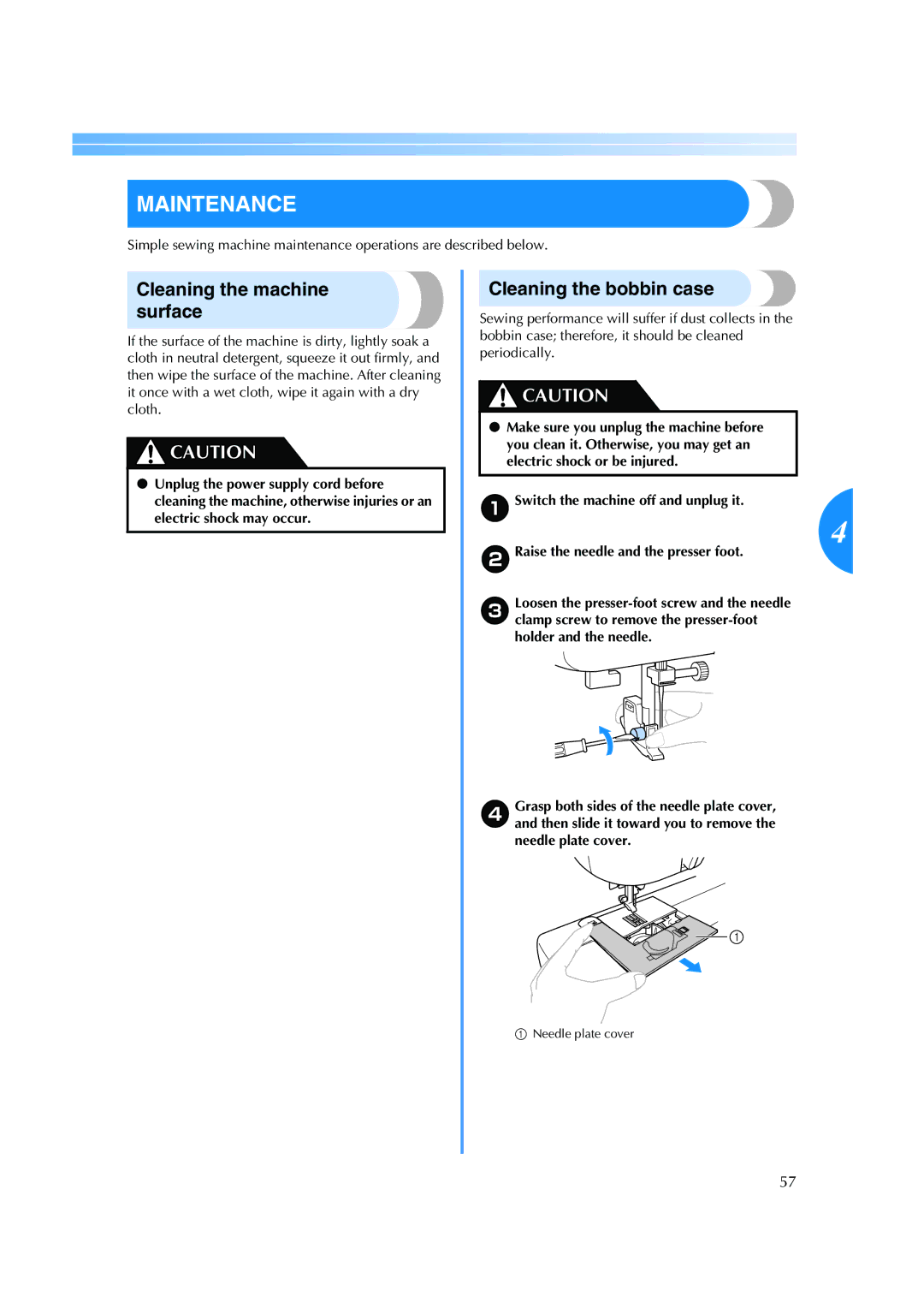 Brother ES 2000 operation manual Maintenance, Cleaning the machine surface, Cleaning the bobbin case 