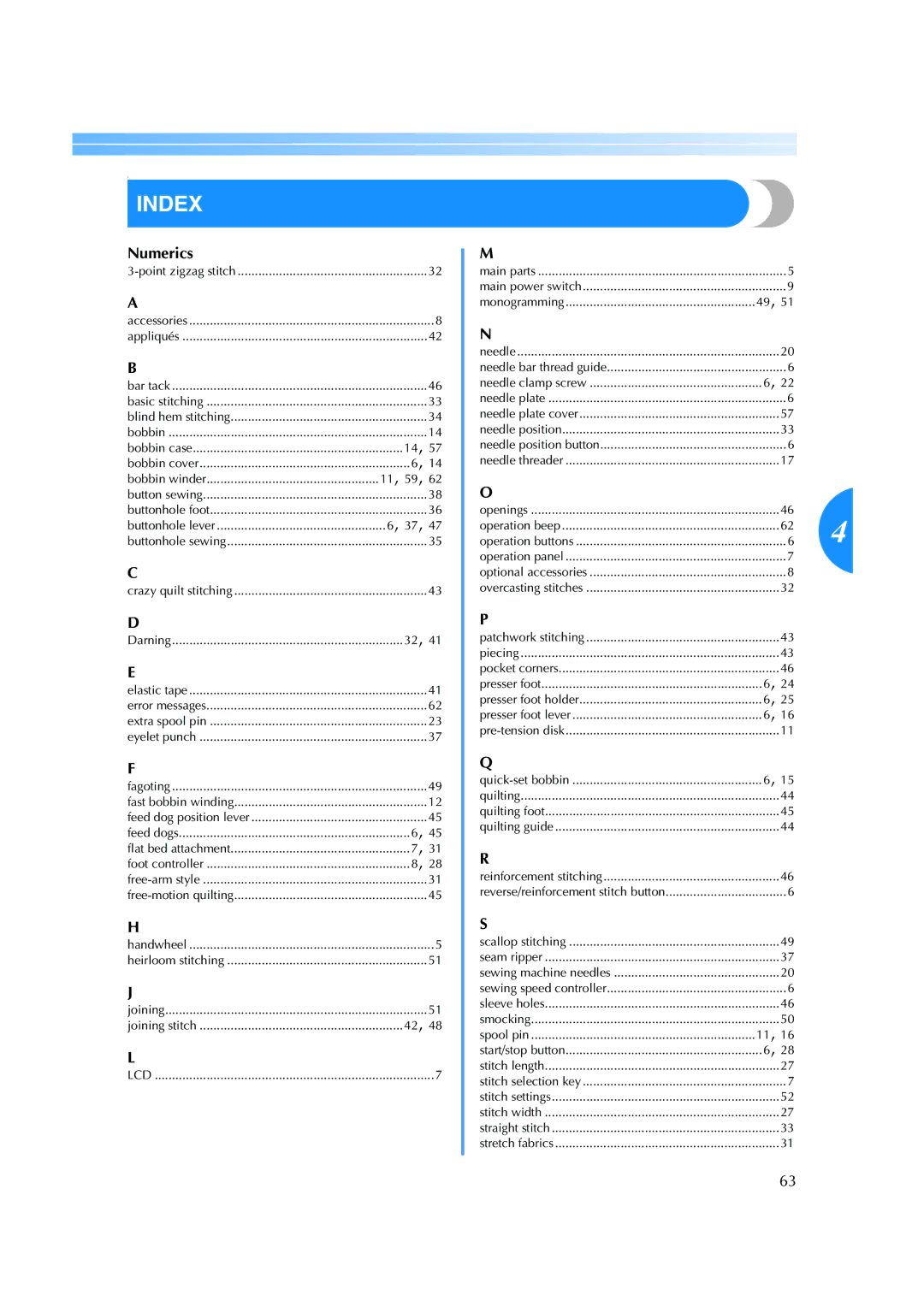 Brother ES 2000 operation manual Index, Numerics 