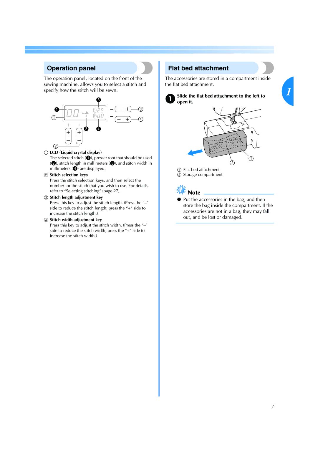 Brother ES 2000 operation manual Operation panel, Flat bed attachment, ASlideopen theit. flat bed attachment to the left to 