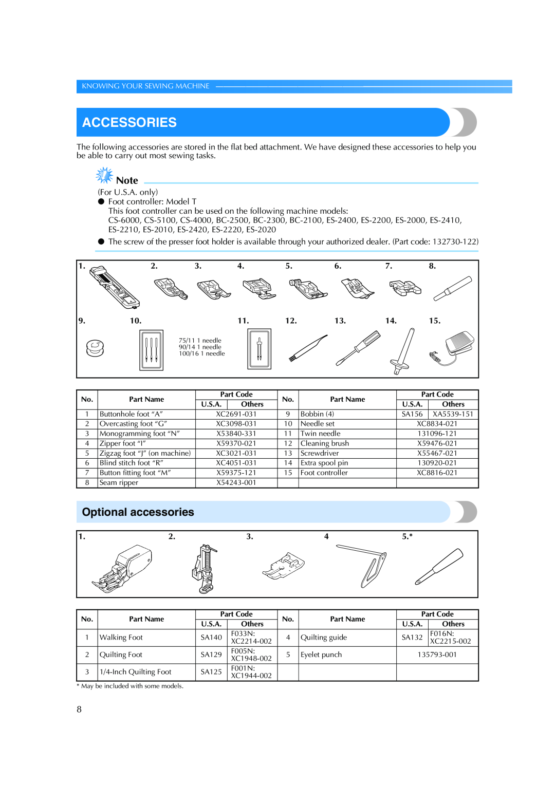 Brother ES 2000 operation manual Accessories, Optional accessories 