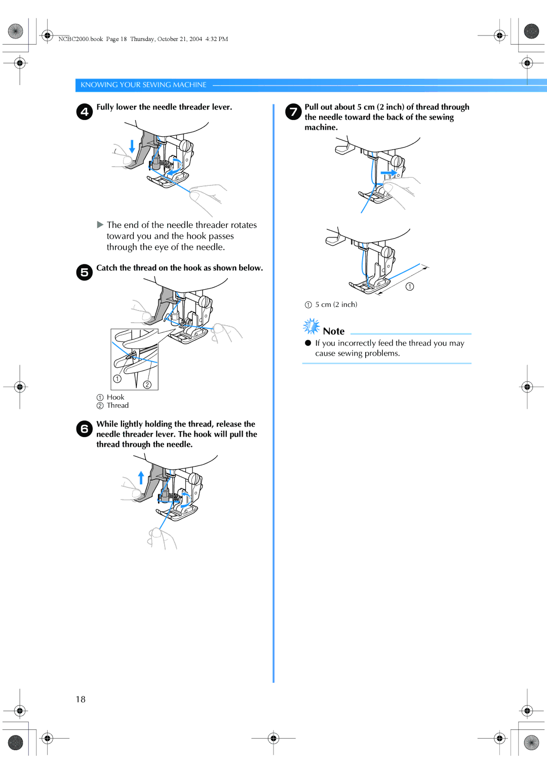 Brother EX 660 operation manual Fully lower the needle threader lever, Gthe needle toward the back of the sewing, Machine 