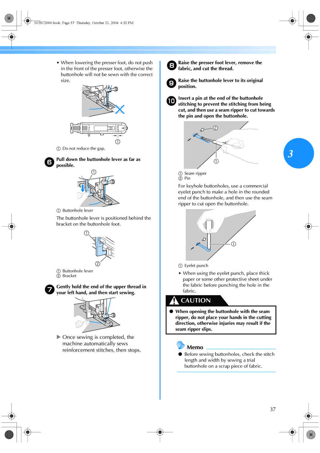 Brother EX 660 operation manual FPullpossible.down the buttonhole lever as far as 