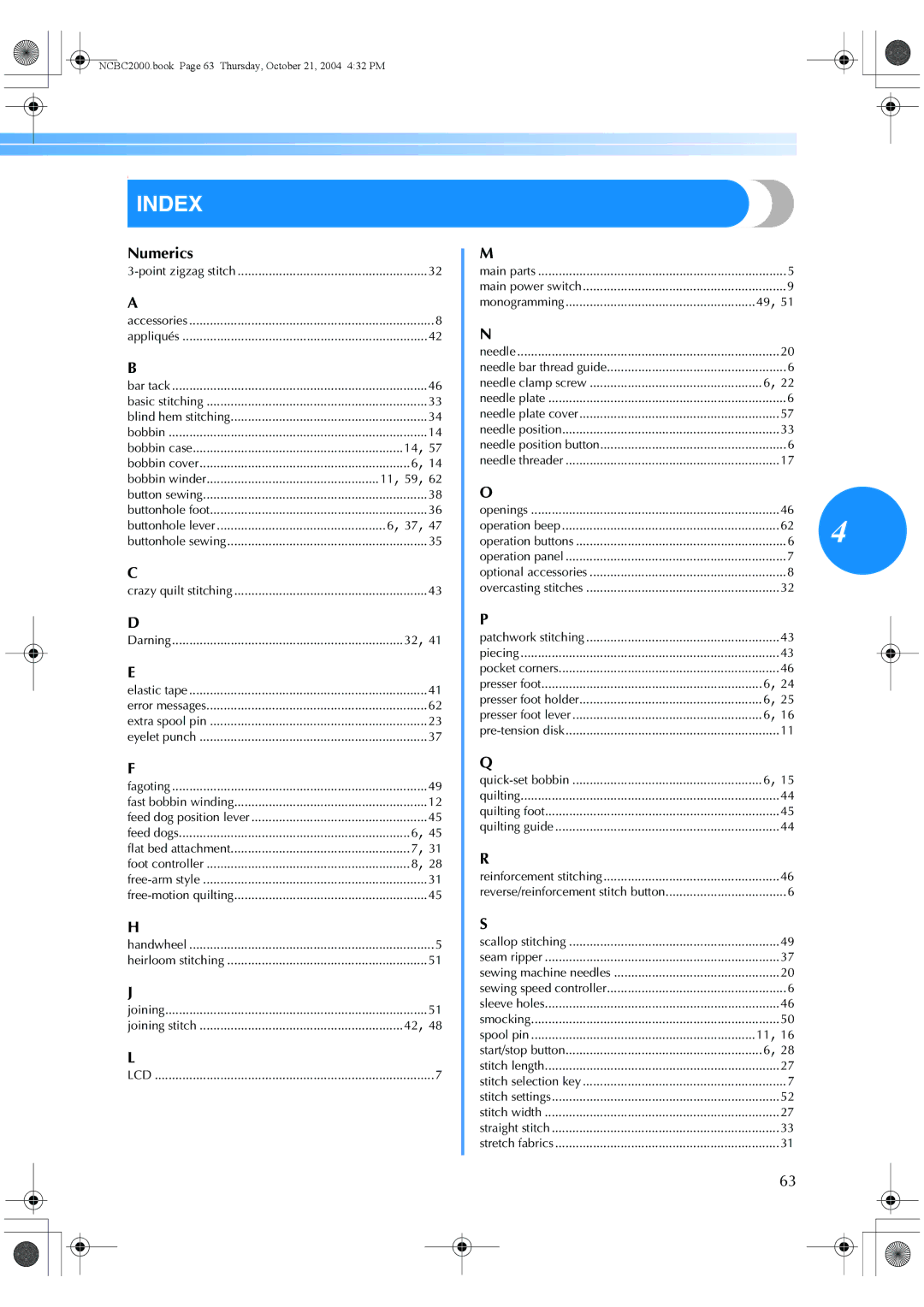 Brother EX 660 operation manual Index, Numerics 